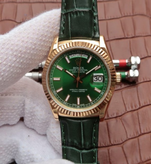 Replica Rolex Day-Date 118138 YG Green Dial Green Leather Strap A2836 - Top club