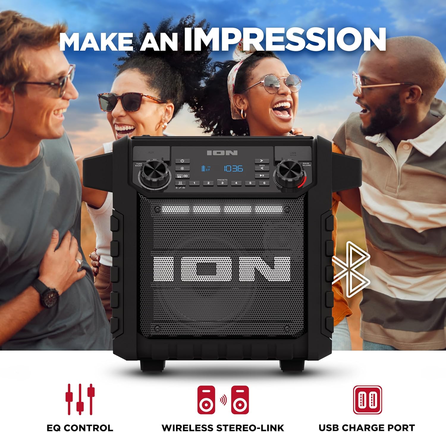 ION Tailgater Classic Outdoor Portable Bluetooth Speaker with Rechargeable Battery, FM Radio, USB Port, IPX5 Water-Resistant, 6.5
