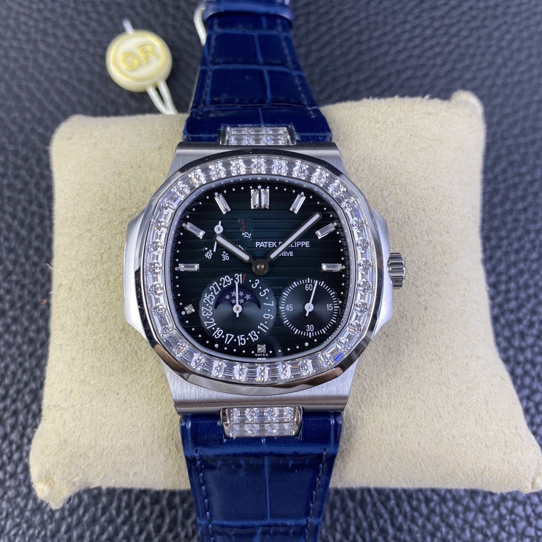 Fake Patek Philippe Replica Watch 5724G-001 Nautilus 40mm Black-Blue Baguette Diamond Bezel Moon Phase Date White Gold Leather Automatic GRF(1:1 replica) - Top club