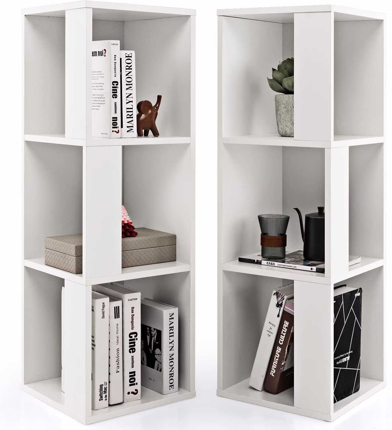 3 Cube Bookcase Set of 2, Modern Bookshelf w/Cubical Storage Shelves, Wood Bookshelves & Bookcases, Small Book Shelf for Bedroom, Living Room, Home Office (White)