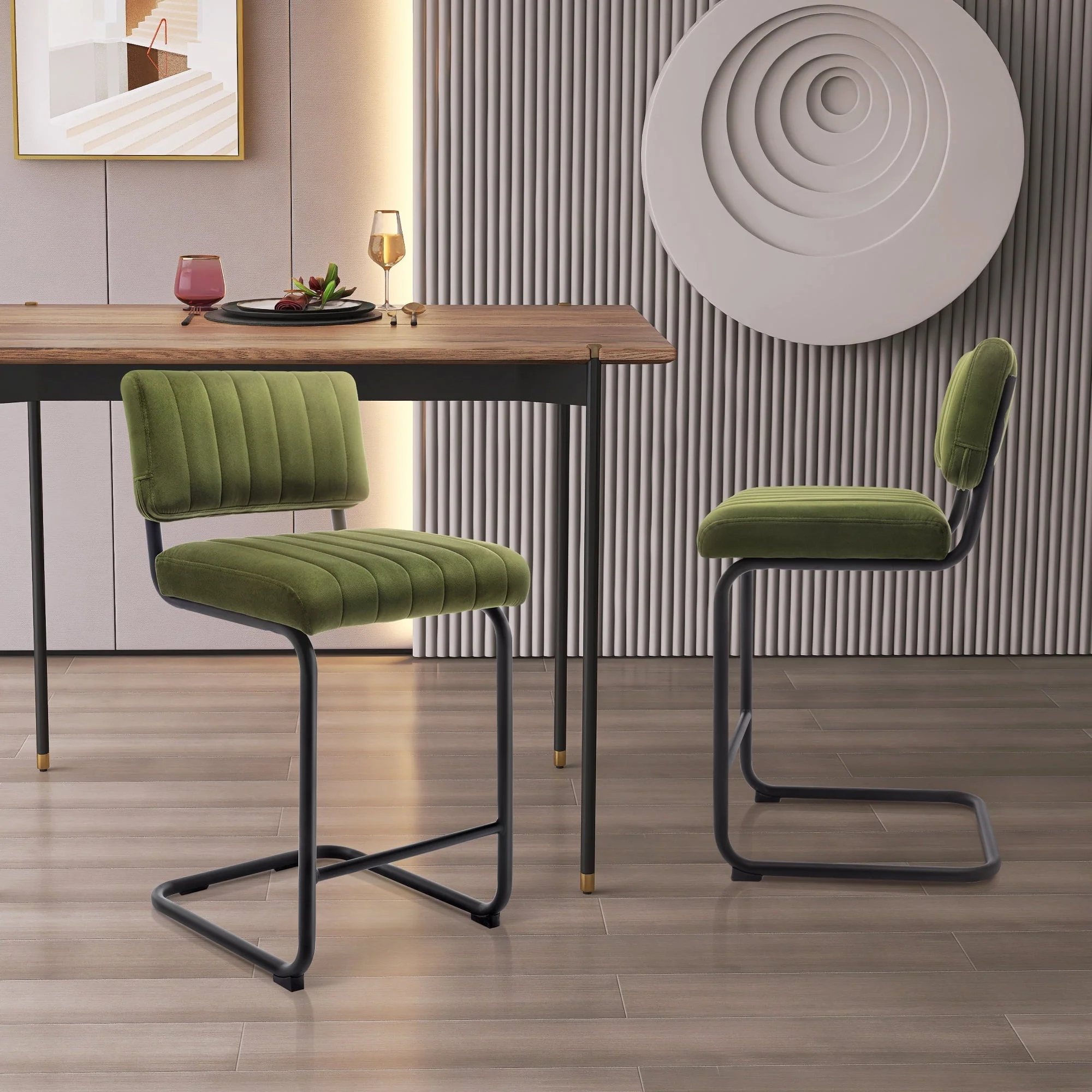 Zesthouse 24" Velvet Counter Stools Set of 2, Modern Counter Height Bar Stools with Back and Black Metal Base, Green - Image 5