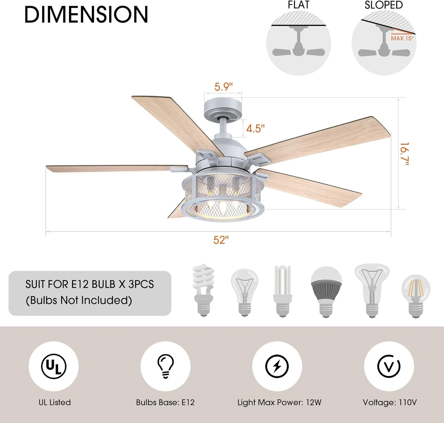 Parrot Uncle 52'' Black Farmhouse E12 Covered Reversible Ceiling Fan with Remote