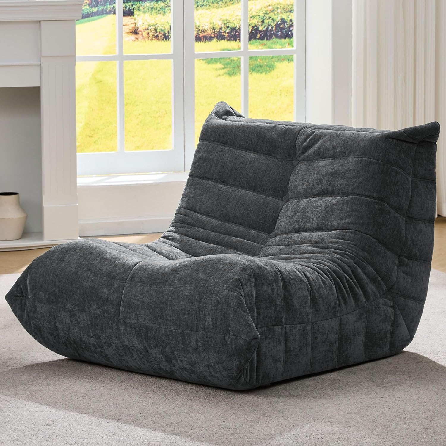 Bean Bag Chairs for Adults Giant Bean Bag Chair Memory Foam BeanBag Chair Bean Bag Sofa with Filler Faux Fur Fireside Beanbags Lazy Sofa for Living Room Bedroom Office (Darkgrey Chenille, Single)