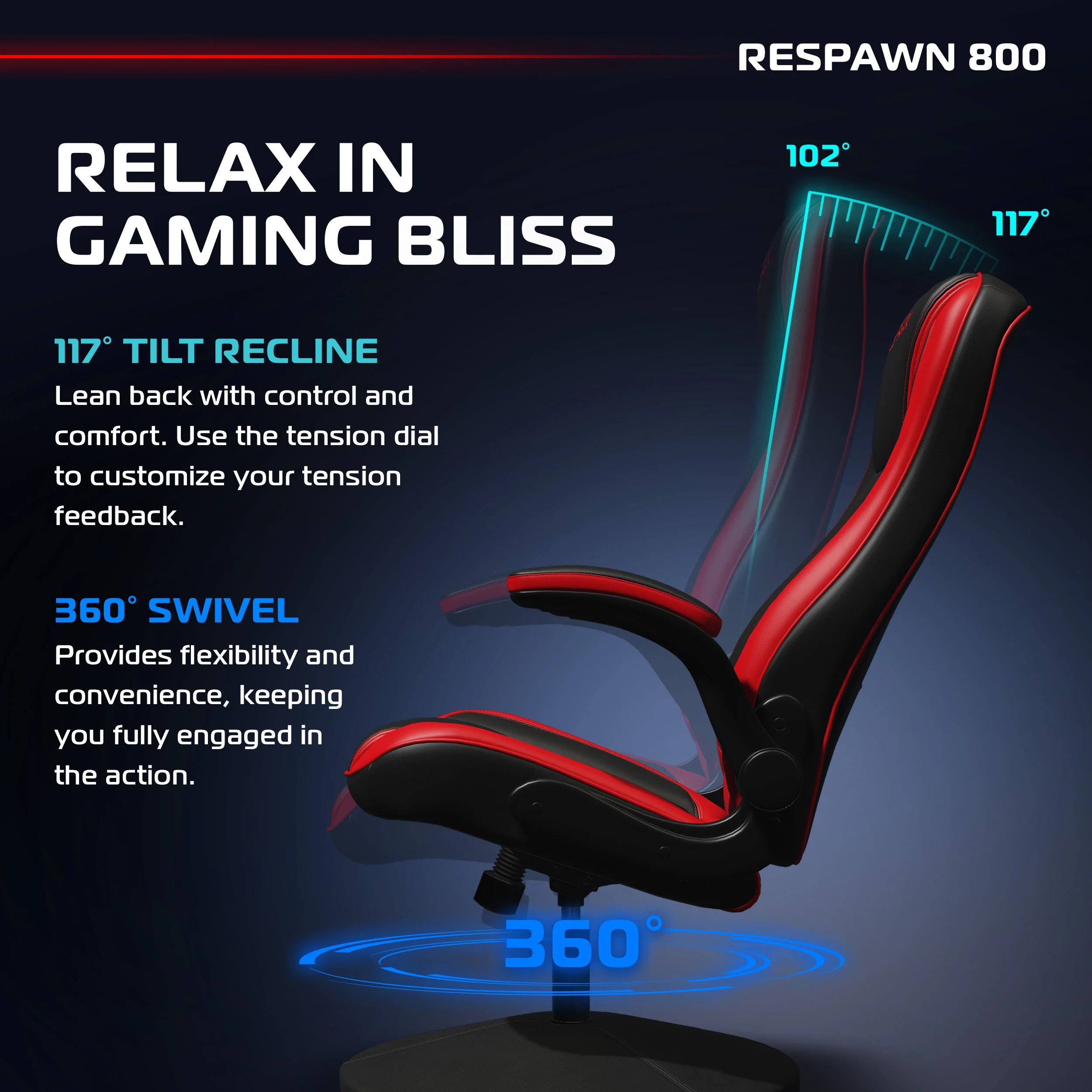 RESPAWN 800 Swivel Rocker Gaming Chair - Ergonomic Floor Gaming Seat with Lumbar Support, Flip Up Armrest, High Back, Pedestal Base, Comfortable No Wheels Console Video Game Rocker Chair - Red - Image 16