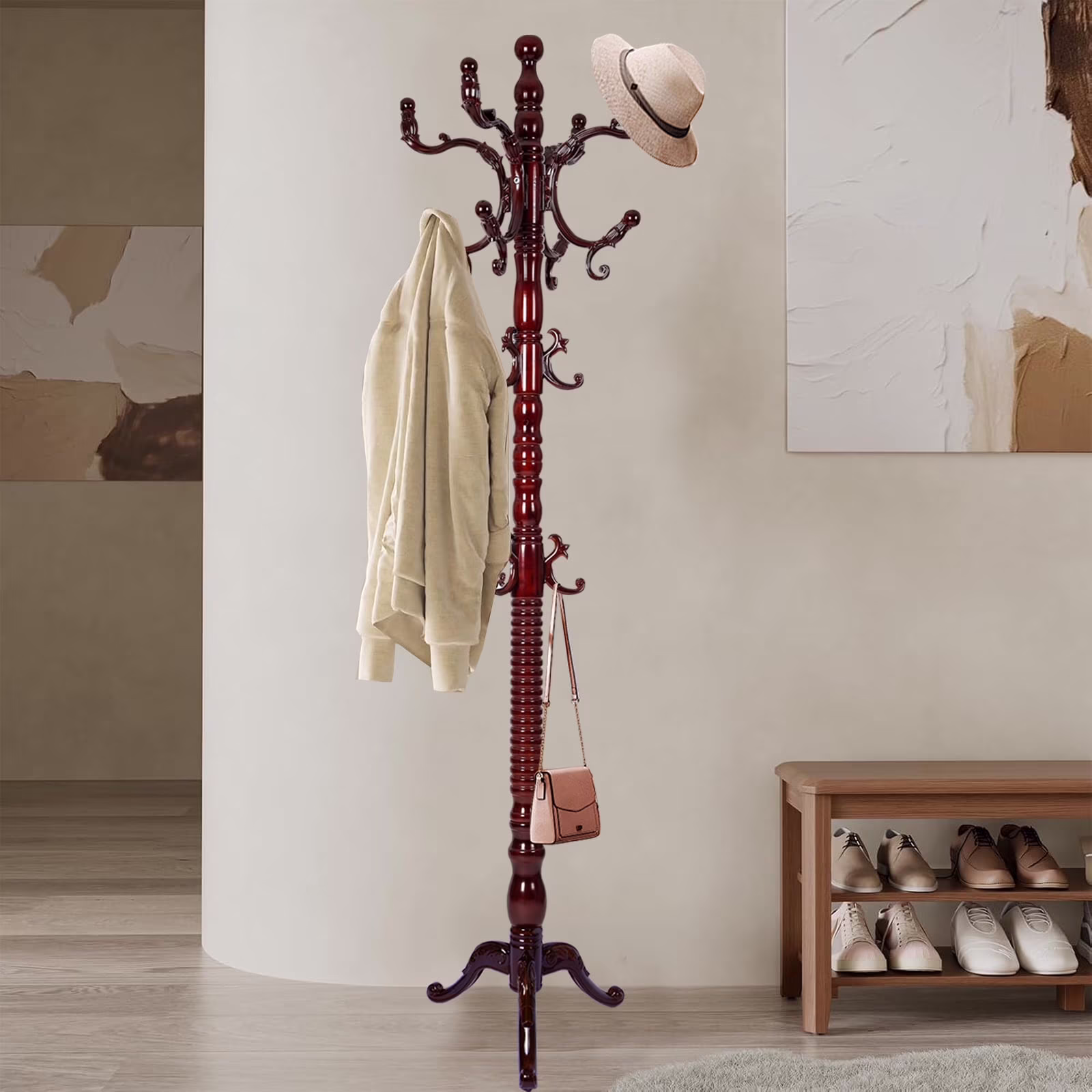 Coat Rack Freestanding, Hall Tree with 11 Hooks, Heavy Duty Wooden Coat Tree Stand, Adjustable Height, Sturdy Base for Bedroom Hallway Office - Load 270lbs - Image 13