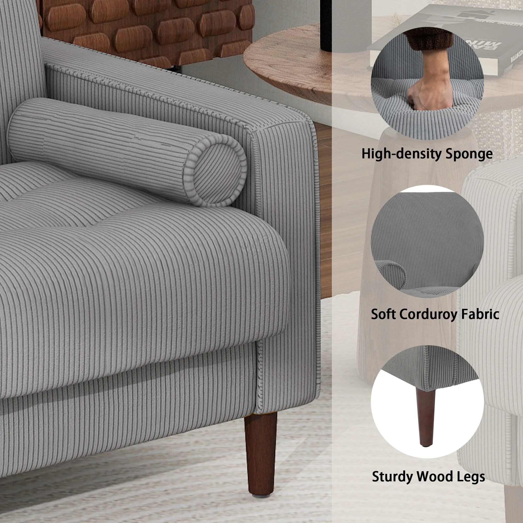 UIXE Corduroy Accent Chair Modern Upholstered Arm Chairs Comfy Reading Armchair with Pillow Armrest Tufted Living Room Single Sofa Lounge Seat, Yellow - Image 28