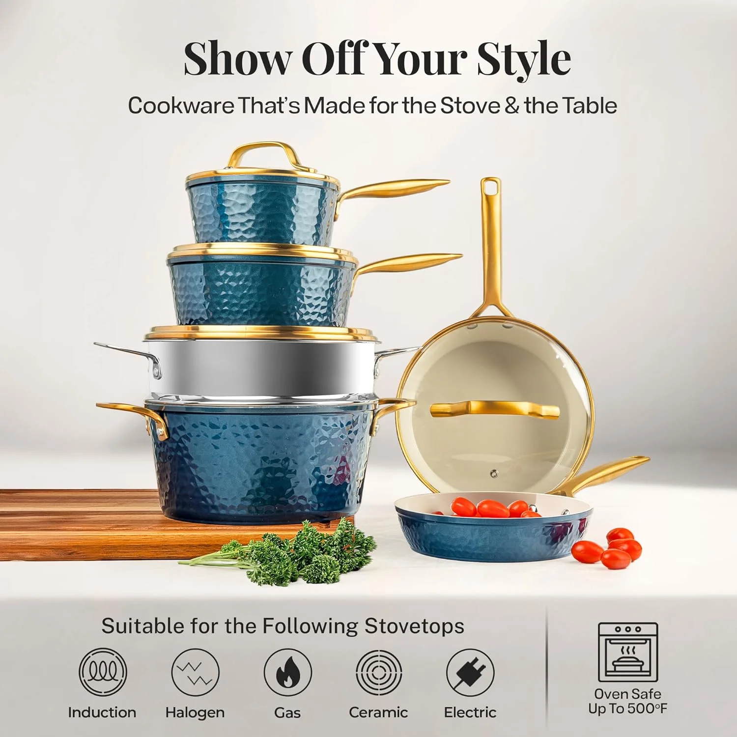 Gotham Steel Hammered 20 Pc Ceramic Cookware Set Nonstick, Induction Pots and Pans Set, Non Toxic Cookware Sets, Oven & Dishwasher Safe - Copper - Image 13