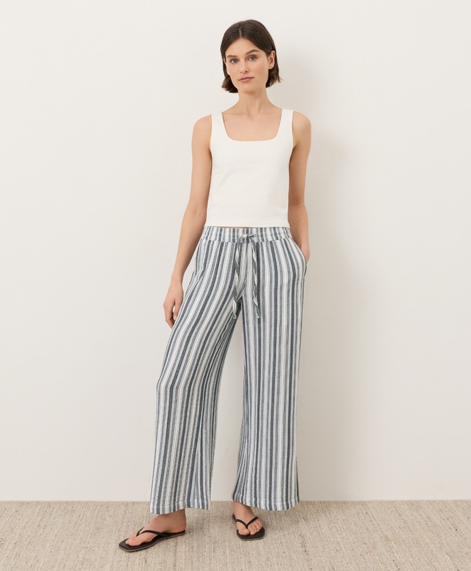 Organic Coastal Double Gauze Split Hem Pant - Coastal Stripe Navy Blue