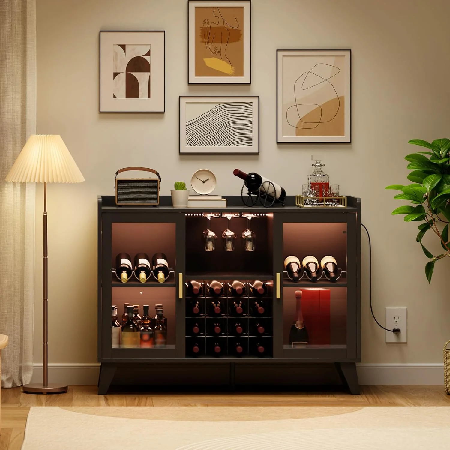 Farmhouse Wine Bar Cabinet with LED Lights, Home Coffee Bar Cabinet with Wine Racks and Glass Holders, Modern Buffet Sideboard with Acrylic Doors and Drawer for Dining Room, Bar, Living Room, Black