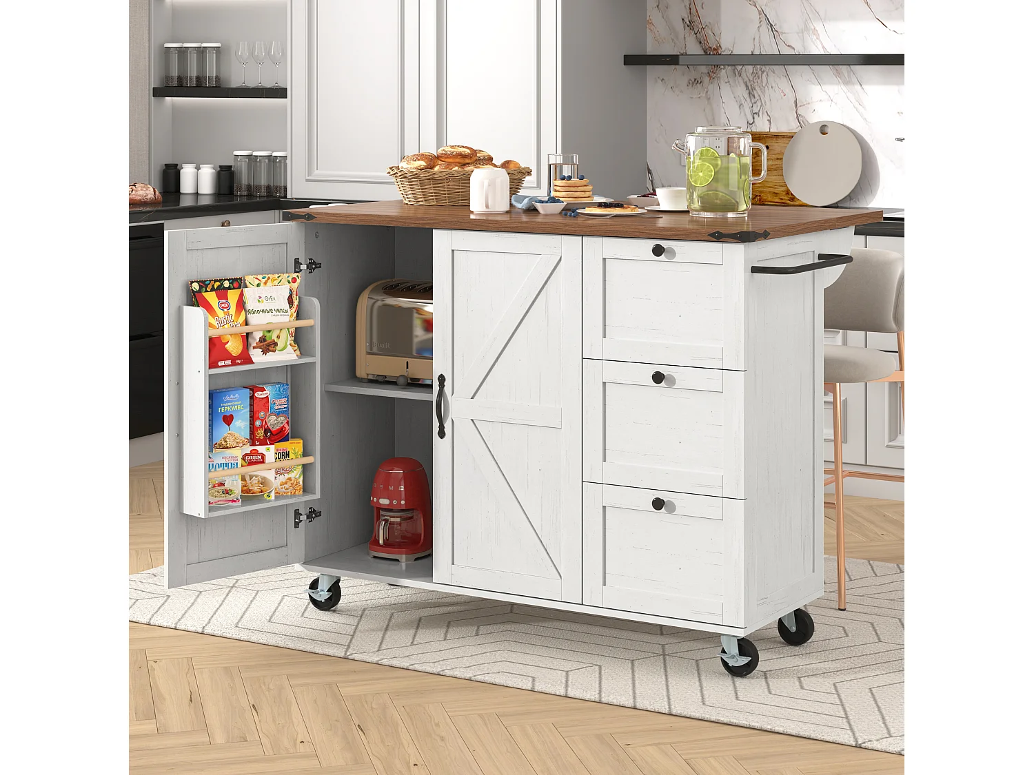 Ilot central de cuisine mobile avec 2 portes et 3 tiroirs - plateau extensible - 140 x 45/73 x 92.5 cm - Bois MDF + métal - Blanc + naturel