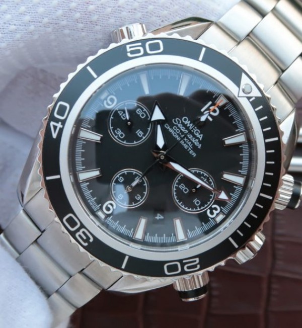 Replica Omega Seamaster Planet Ocean Chrono 45mm Black Dial Silver Markers SS Bracelet A7750 - Elite Watch Atelier