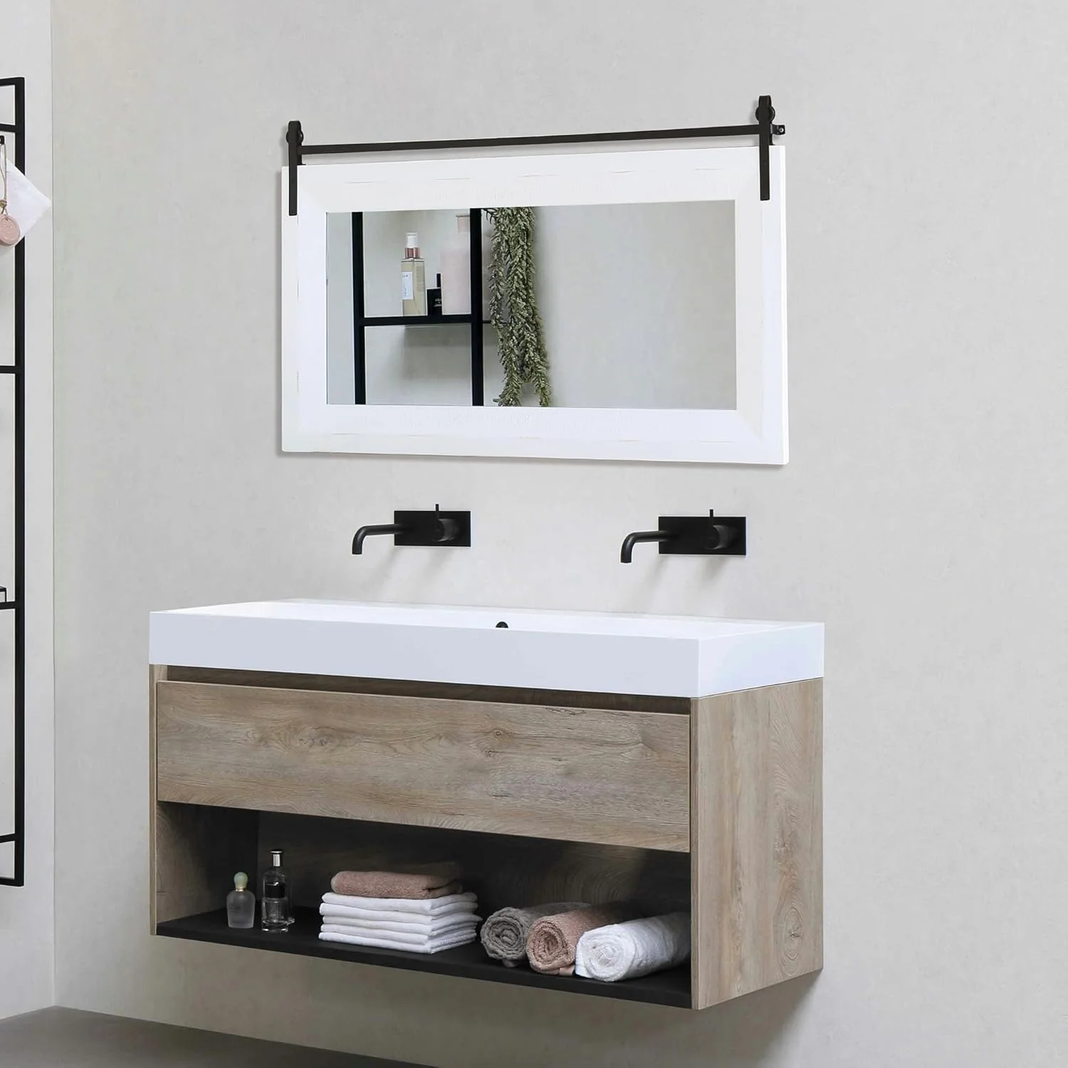 ALBAD Farmhouse Wood Framed Wall Mirror, Natural Wood and Framed Wall Mounted Bathroom Vanity Mirror for Farmhouse Decor, Vertical or Horizontal Hanging