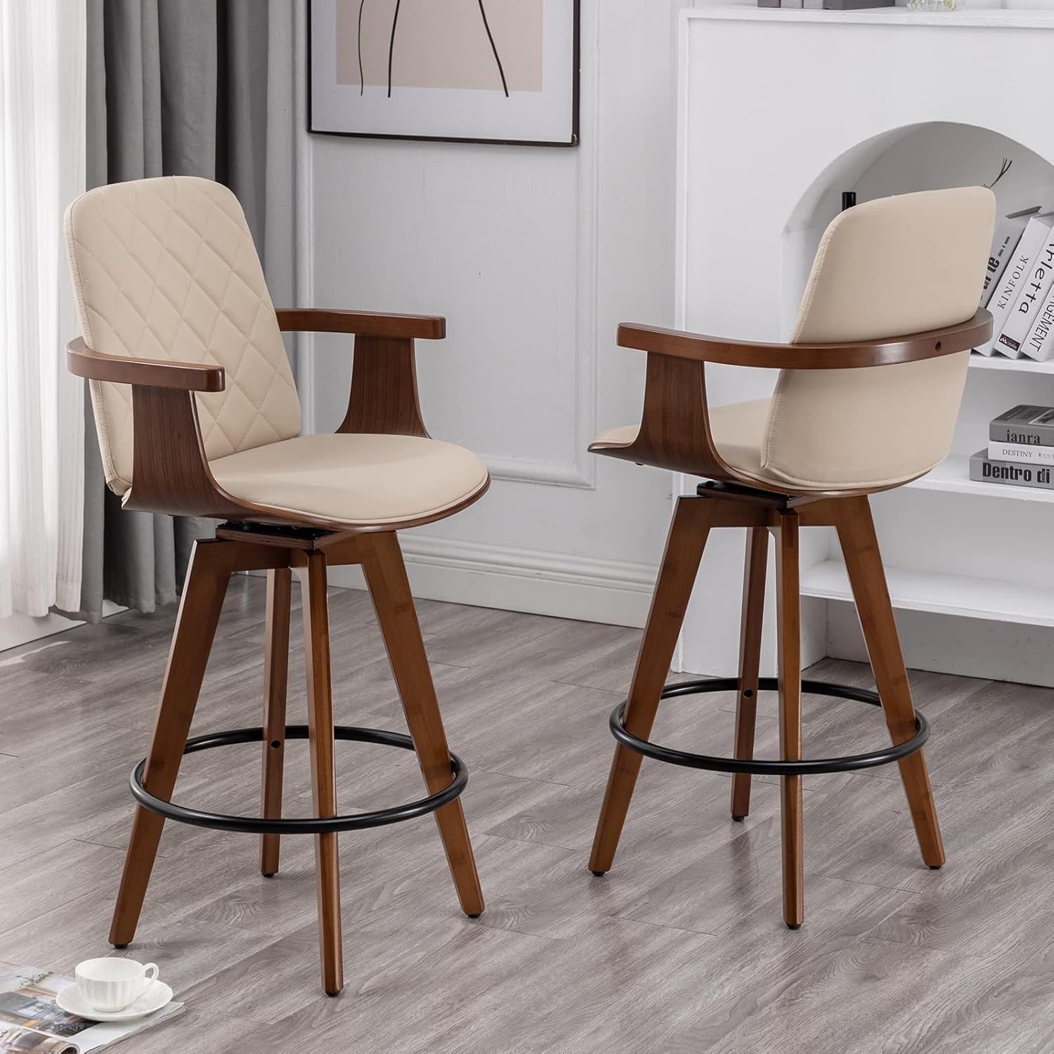Counter Stools Set of 2, Upholstered Faux Leather Counter Height Bar Stools, Swivel Counter Chairs with Wooden Arms and Legs(Beige, 26