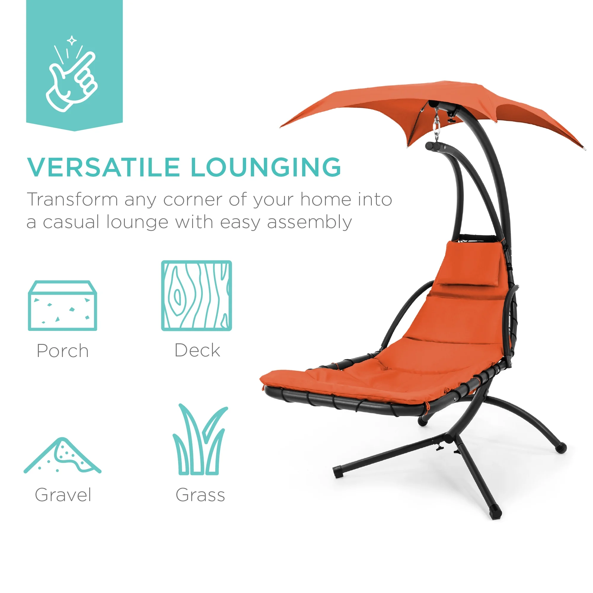 Best Choice Products Hanging Curved Chaise Lounge Chair Swing for Backyard, Patio w/ Pillow, Shade, Stand - Teal - Image 87