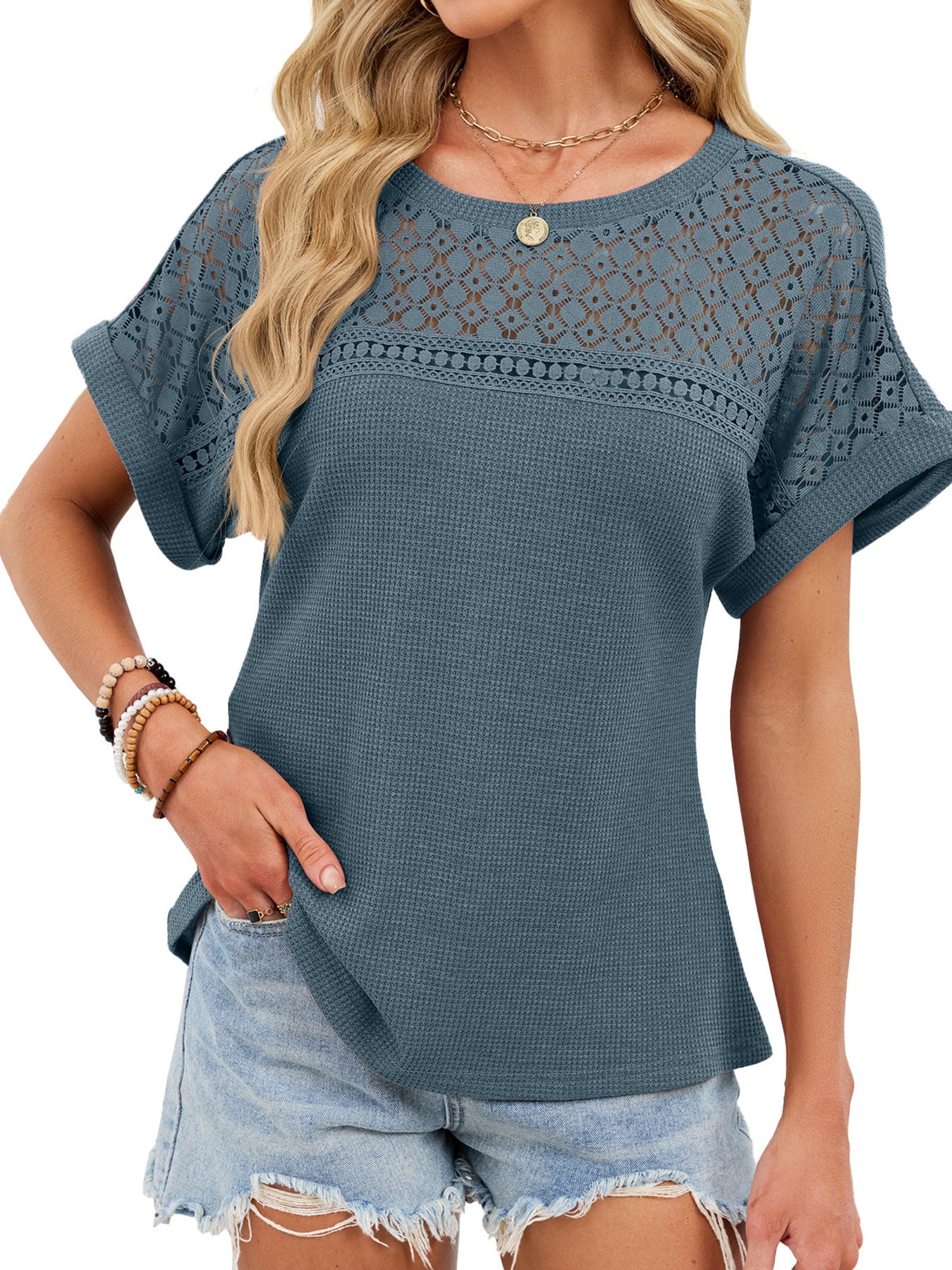 Lace-Trimmed Round Neck T-Shirt - ZKZOOK