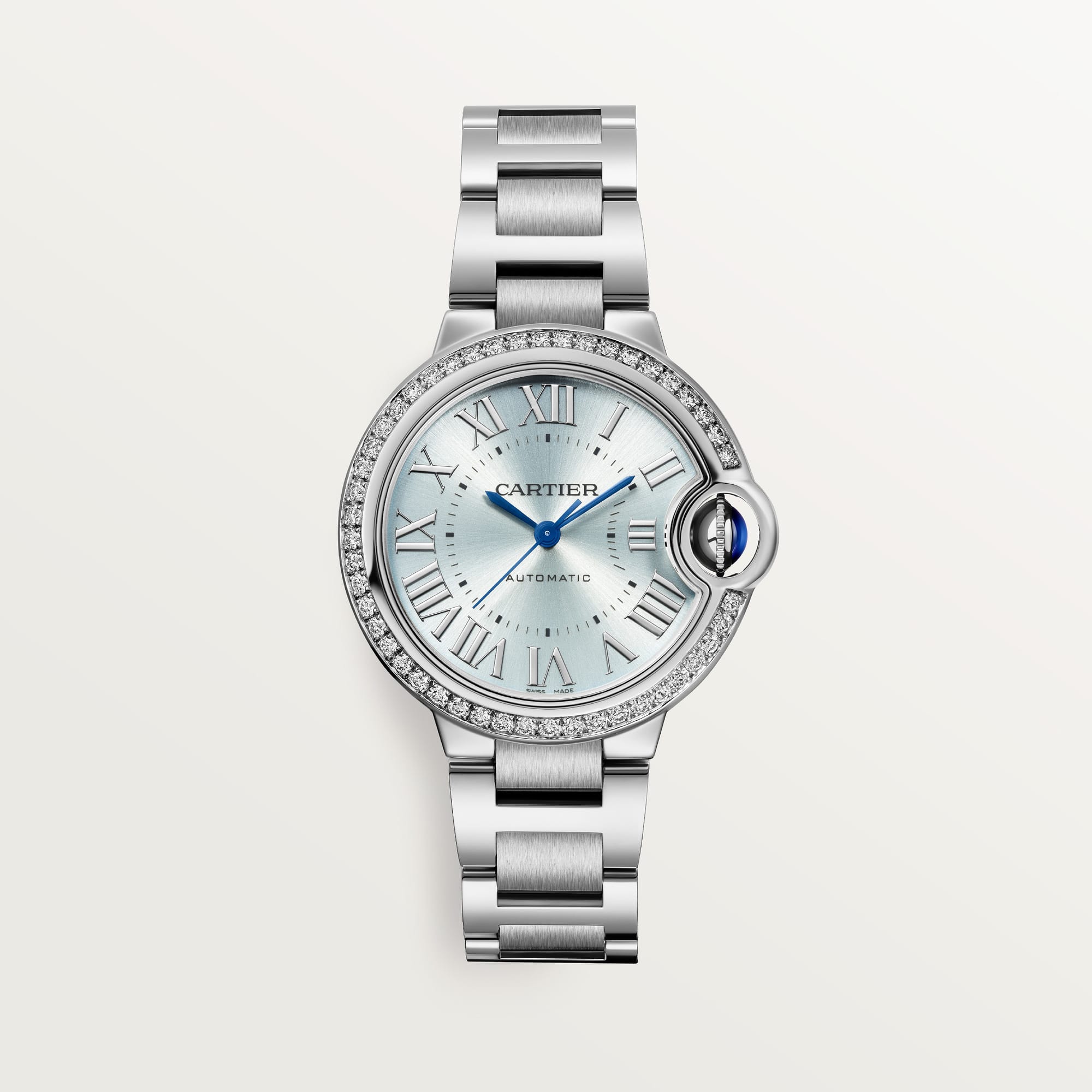 Ballon Bleu de Fake Cartier Watch Steel Diamond Bezel 33mm Blue Silver Dial W4BB0028(1:1 replica) - Top club