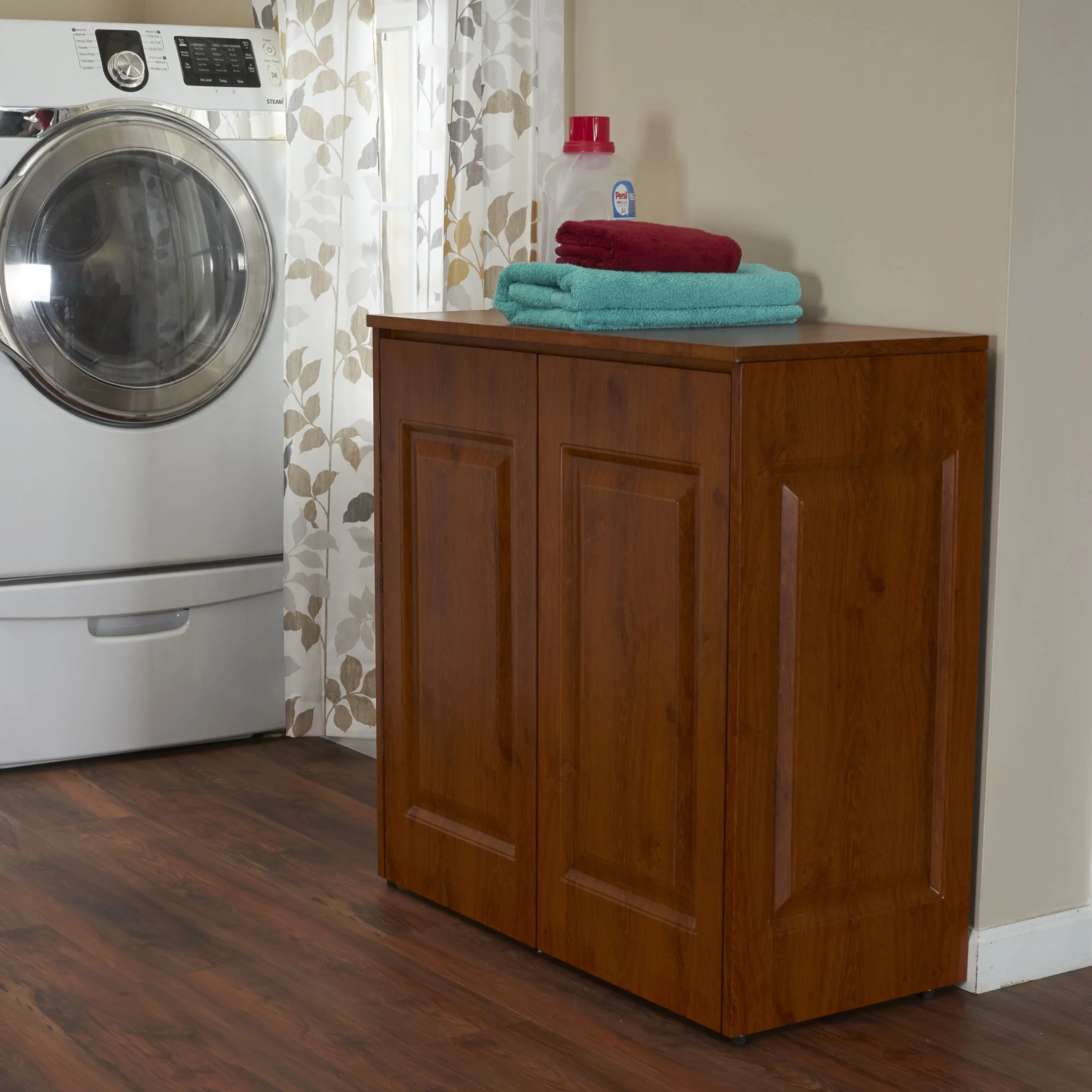 Household Essentials Double Hamper Cabinet, Metal Exterior and Removable Polyester Bags, Dual Compartments for Sorting, Faux Wood Grain - Image 3