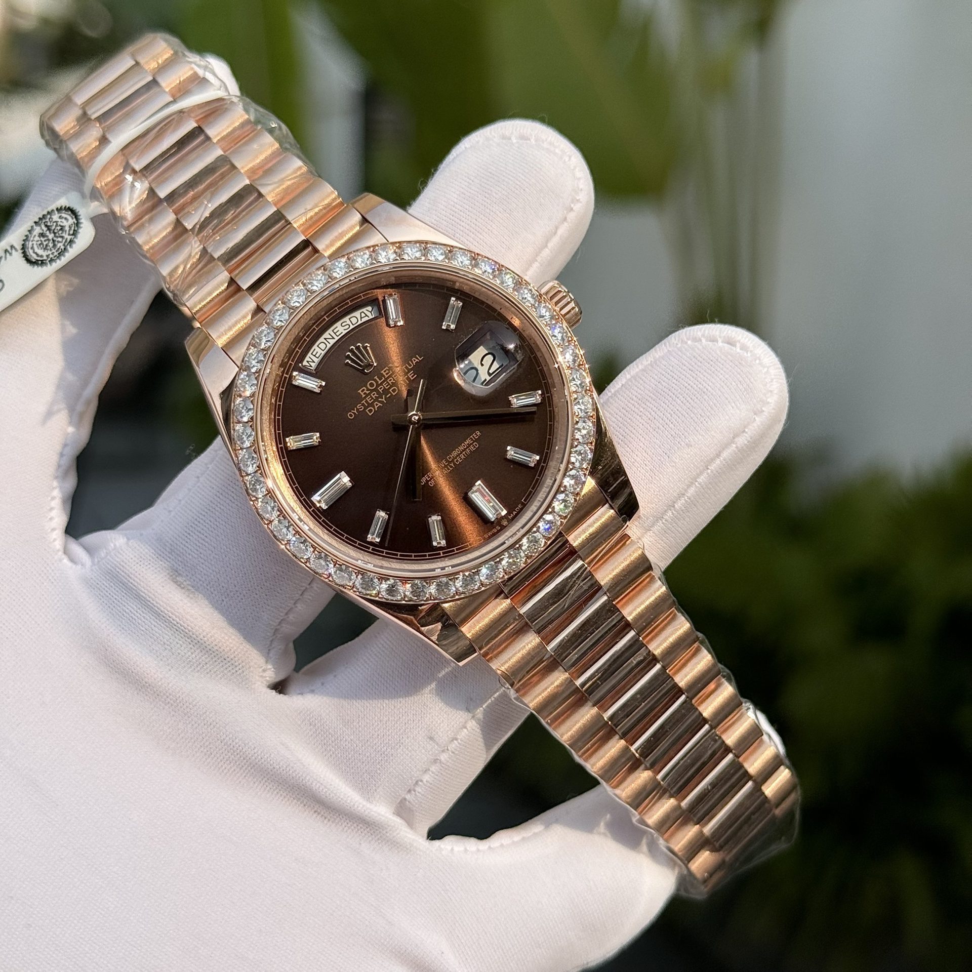 Rolex Replica Watch Day-Date Custom Gold Wrapped Moissanite Diamonds Dial Chocolate GM Factory 40mm - Top club