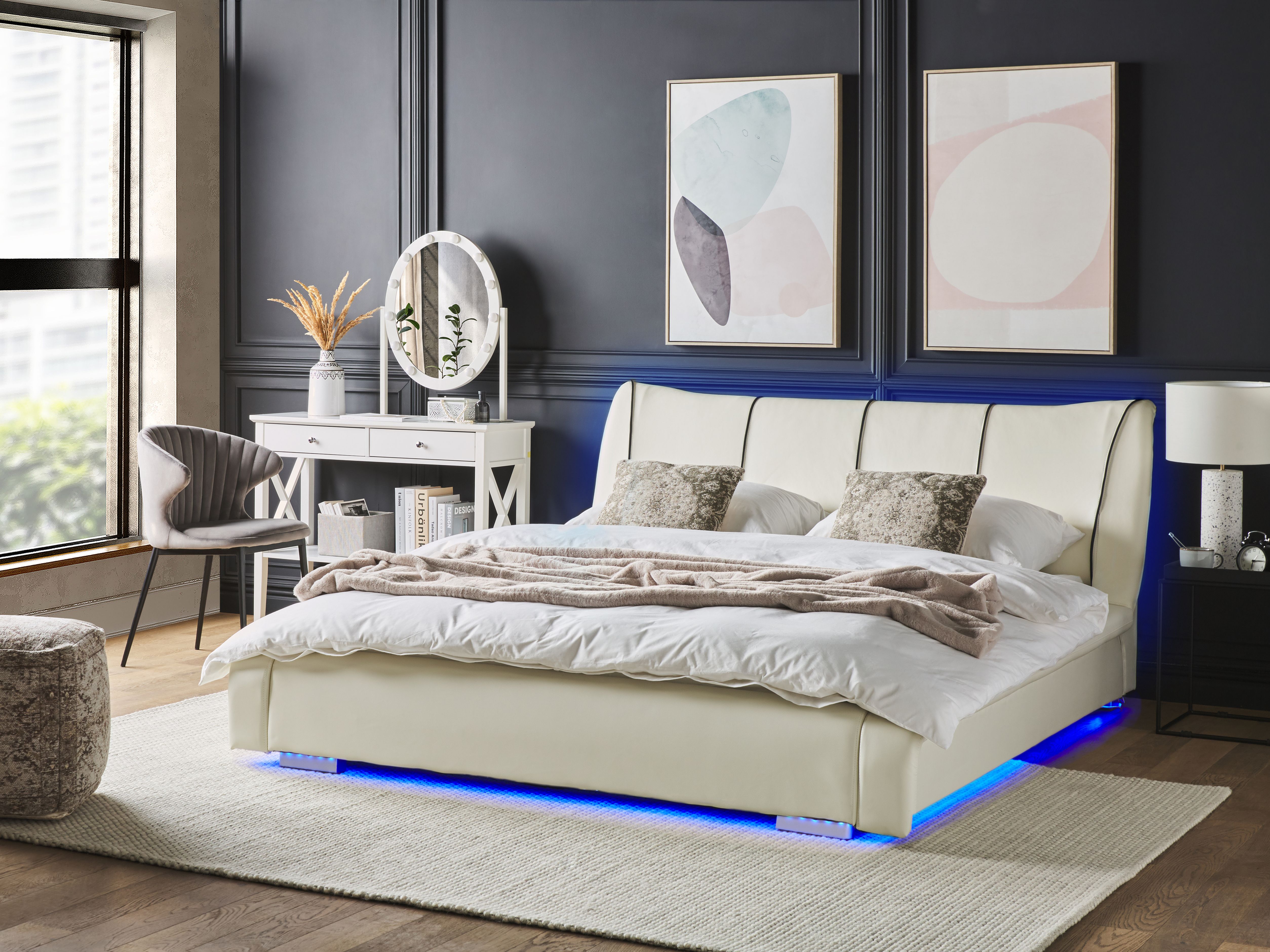 Bed with LED Leather NANTES 140 x 200 cm (EU Double) LED Off-White