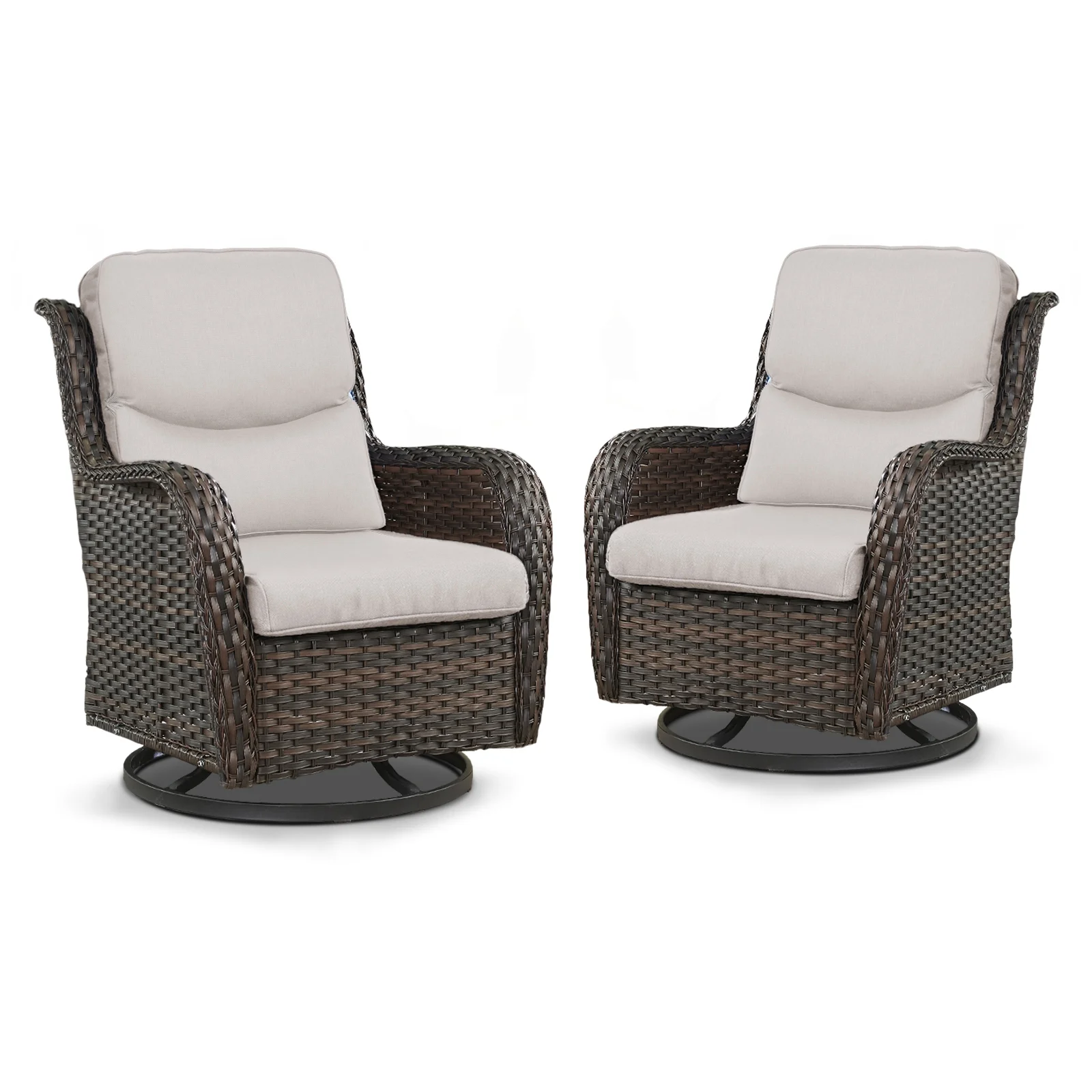 POCASSY Patio Swivel Chairs, Outdoor Wicker Swivel Glider Rocking Chairs with High Back and Thick Cushions for Porch Deck - Set of 2, Beige - Image 5