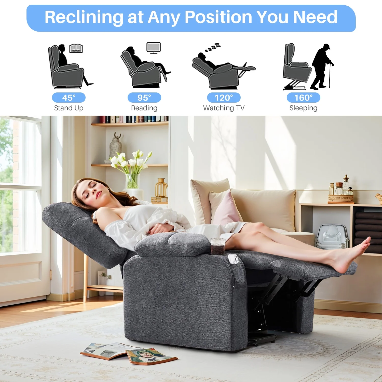 Simenmax Recliner Chair with Massage and Heating, Home Theater Seating with Lumbar Support, Adjustable Electric Power Lift Chairs, Gray - Image 6