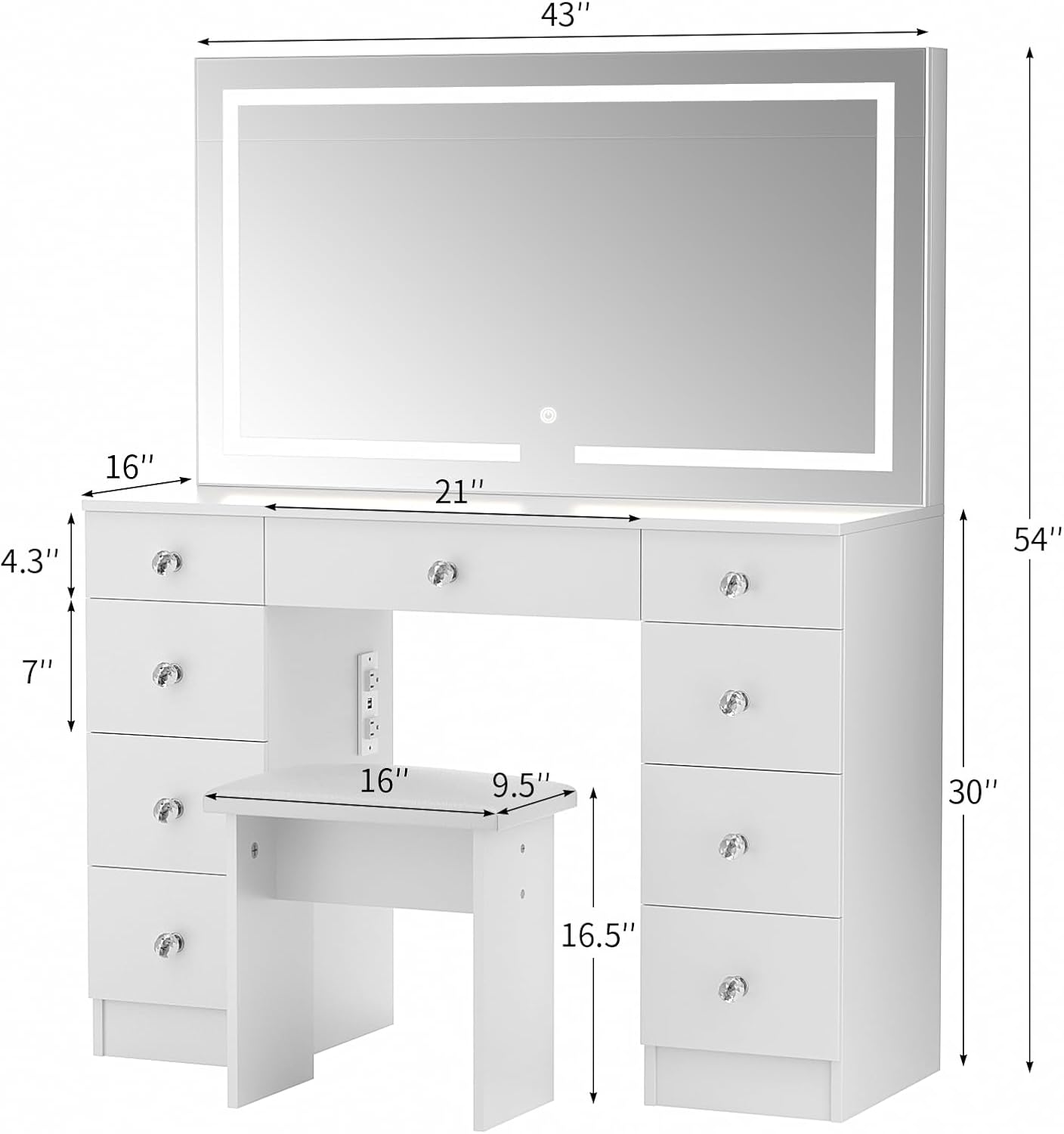 VOWNER Vanity With Lighted Mirror - Makeup Desk With Power Outlet and 9 Drawers, 3 Color Lighting Modes Adjustable Brightness, 43