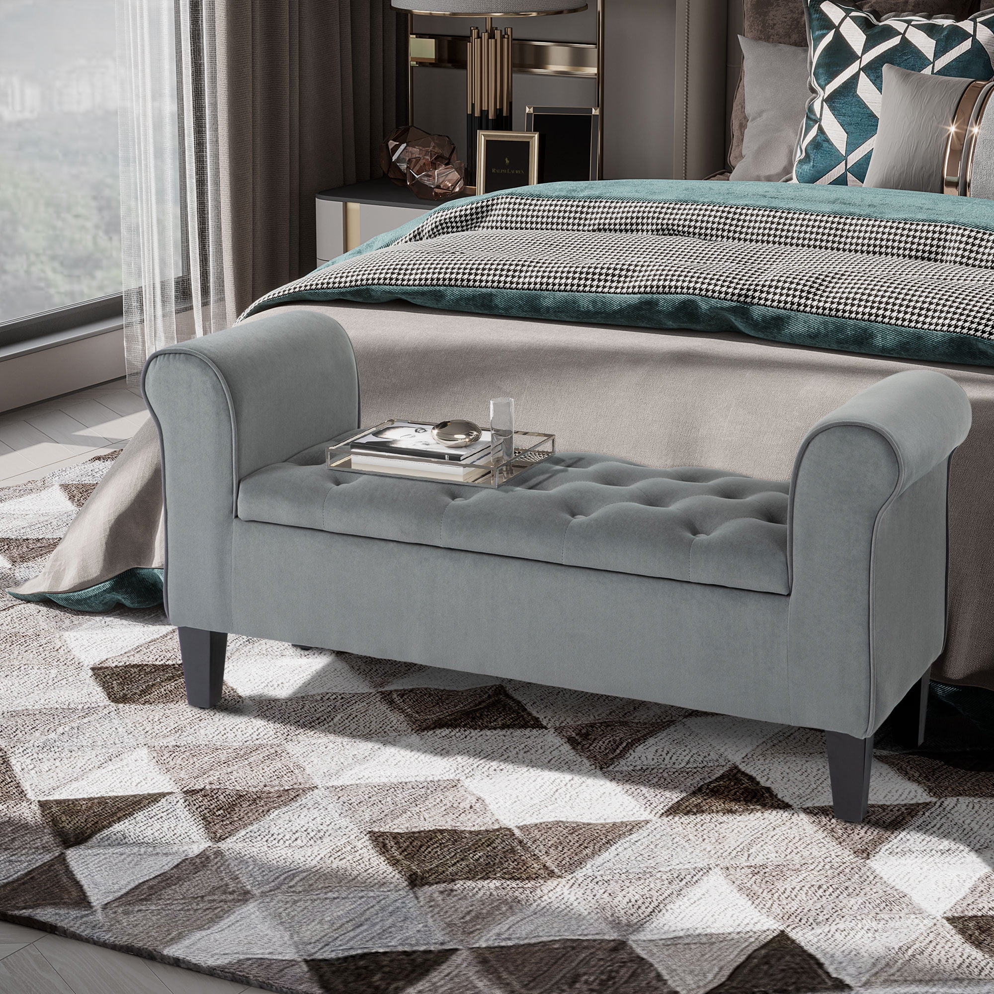 HOMCOM Button-Tufted Storage Ottoman Bench, Upholstered Bench with Rolled Armrests for Living Room or Hallway, Blue - Image 21