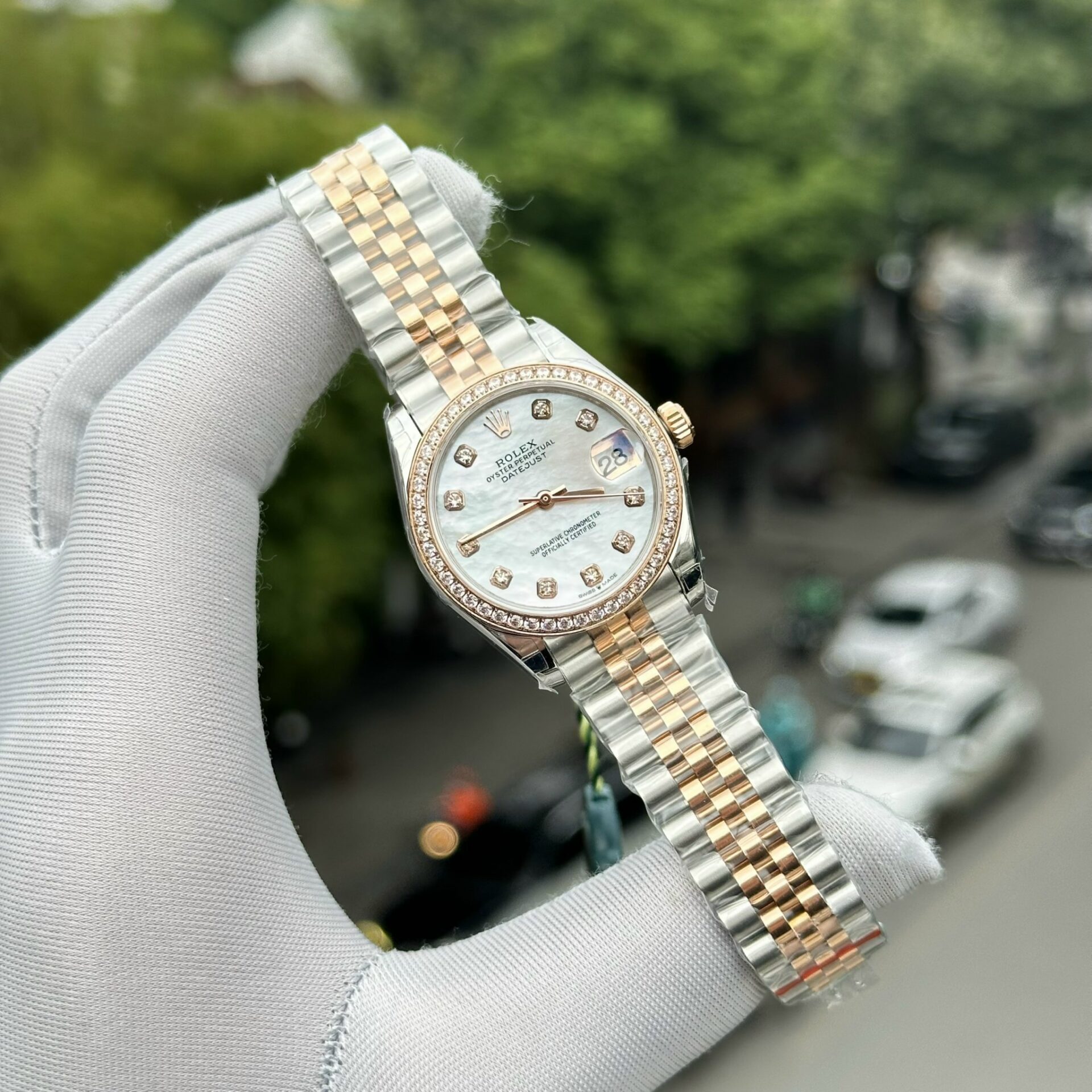 Rolex DateJust Replica Watch Mother Of Pearl Dial With Stone Bezel 31mm - Elite Watch Atelier