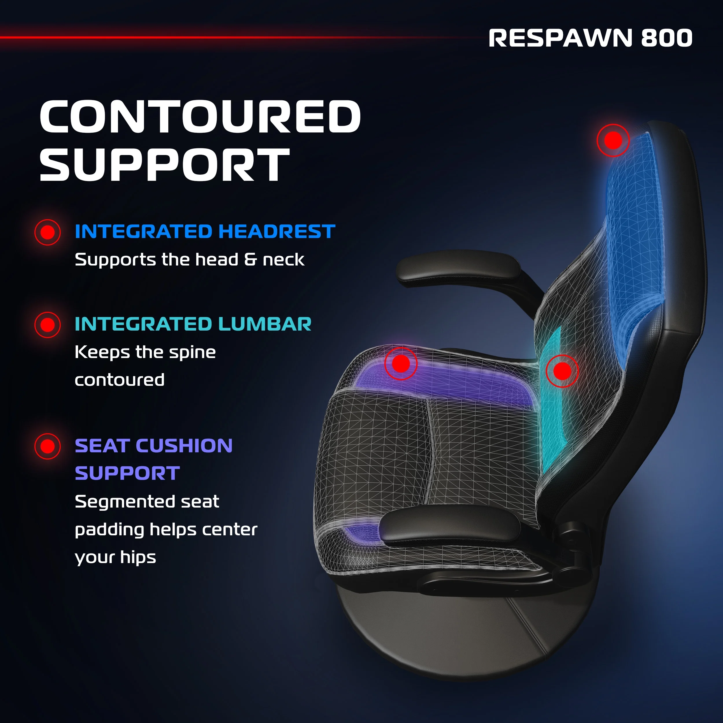 RESPAWN 800 Swivel Rocker Gaming Chair - Ergonomic Floor Gaming Seat with Lumbar Support, Flip Up Armrest, High Back, Pedestal Base, Comfortable No Wheels Console Video Game Rocker Chair - Red - Image 18