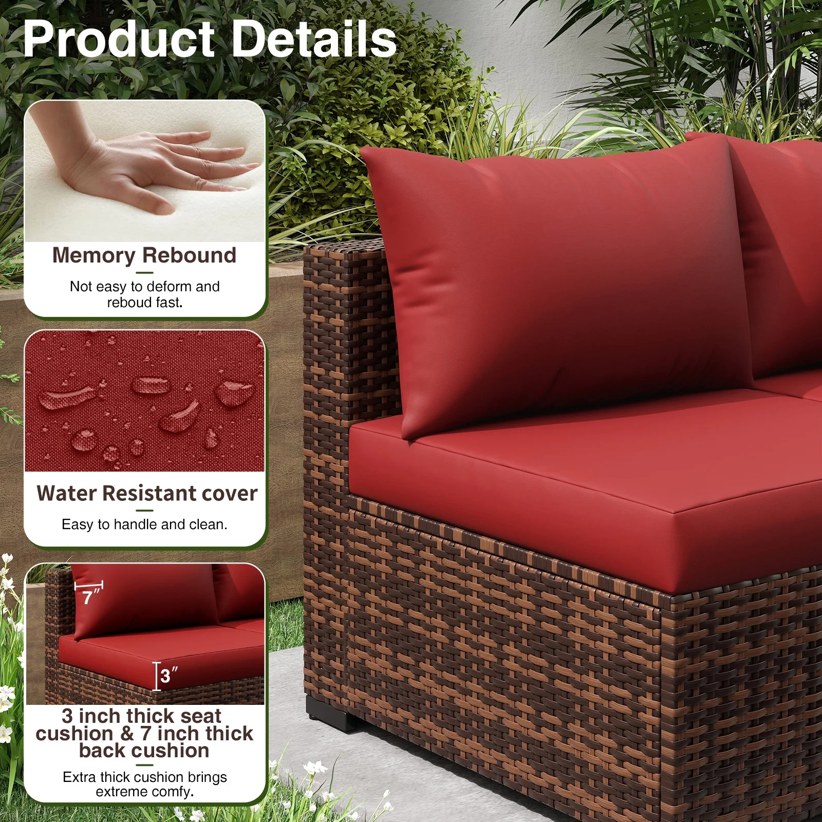 ELPOSUN 7 Pieces Patio Furniture Set All Weather Outdoor Sectional Sofa, Outdoor Modern Sectional Furniture Wicker Couch with Glass Coffee Table, Thicken Red Cushions, Water Resistant