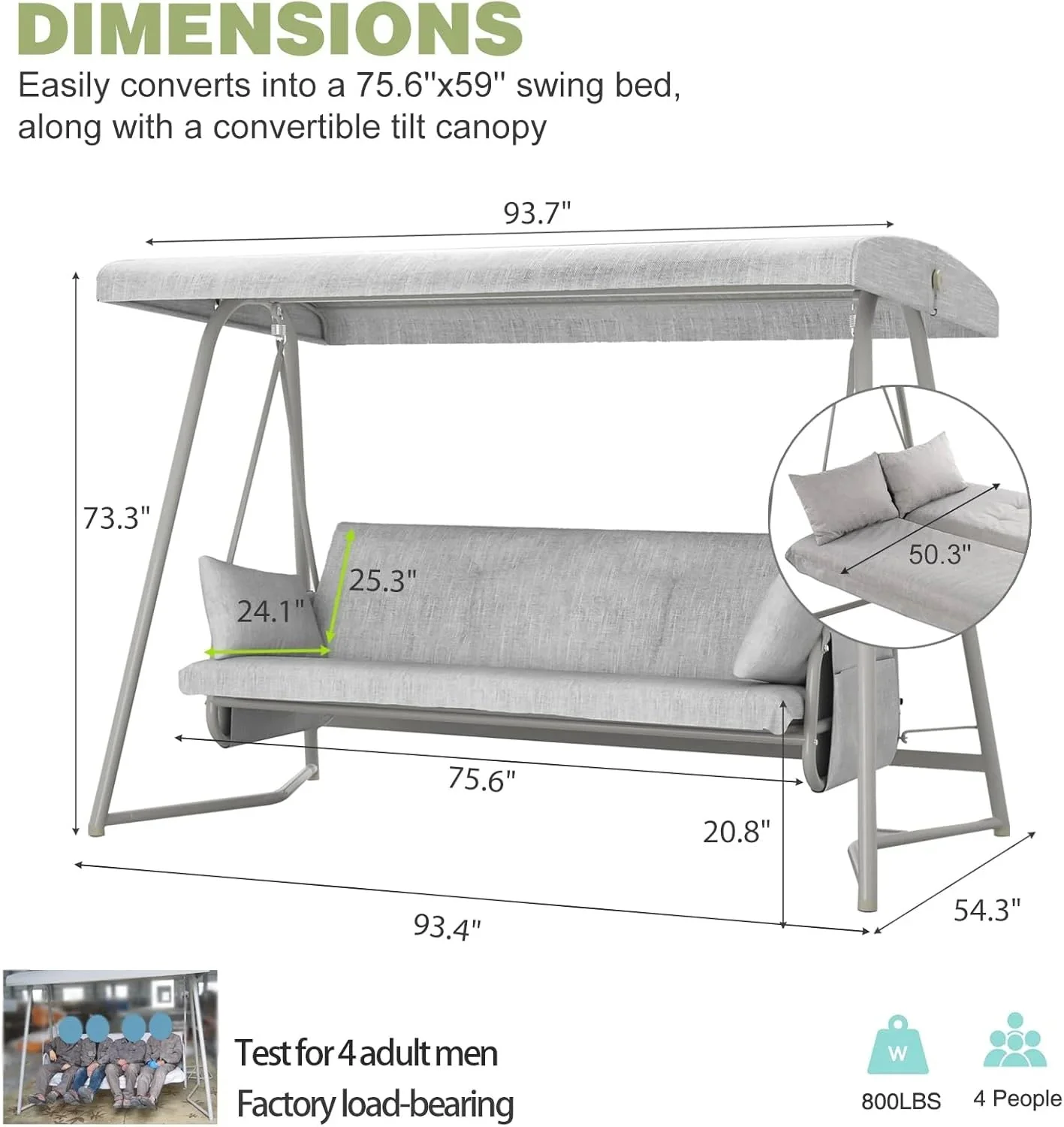 TQKVIPI 4 Person Outdoor Porch Swing Bed With Adjustable Backrest Canopy - 800 lbs Capacity - Image 10 TQKVIPI 4 Person Outdoor Porch Swing Bed With Adjustable Backrest Canopy - 800 lbs Capacity - Image 10