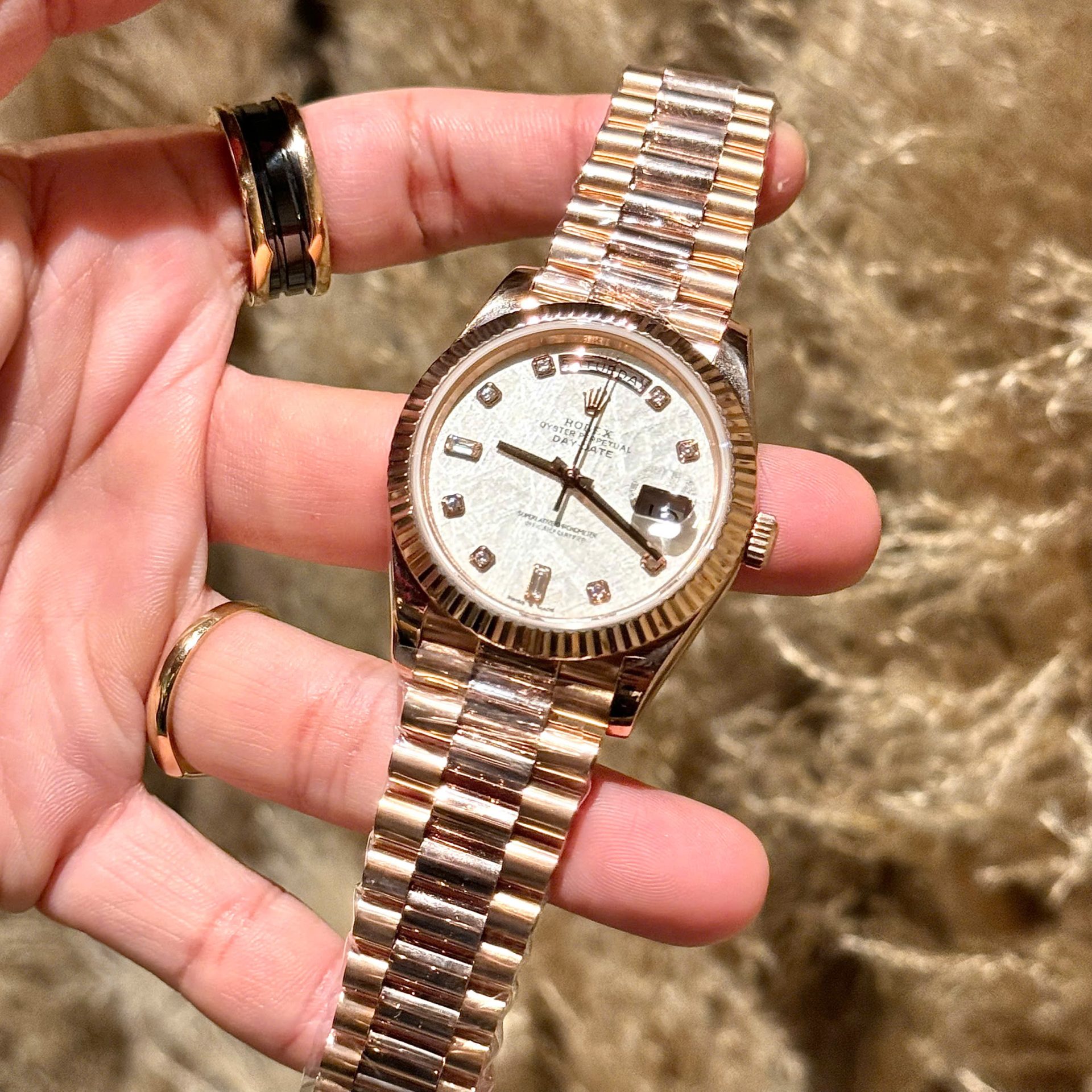 Rolex Replica Watch Day-Date Meteorite Dial With Moissanite Diamonds Hour Markers Custom Gold Wrapped GMF 40mm - Top club