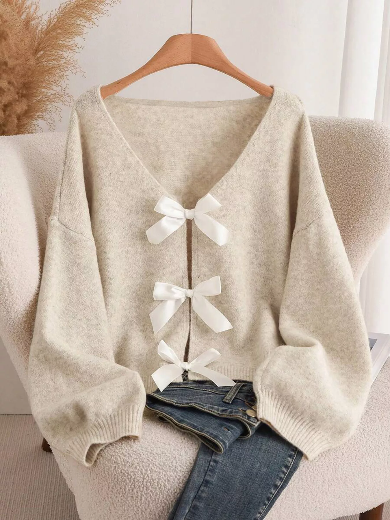 Bow-knot Front V-Neck Knit Cardigan - ZKZOOK