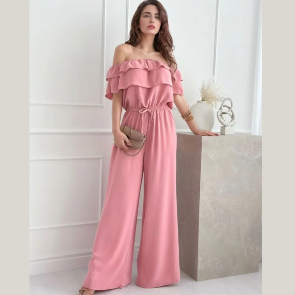 Ruffled Off  Shoulder Wide Leg Jumpsuit - ZKZOOK
