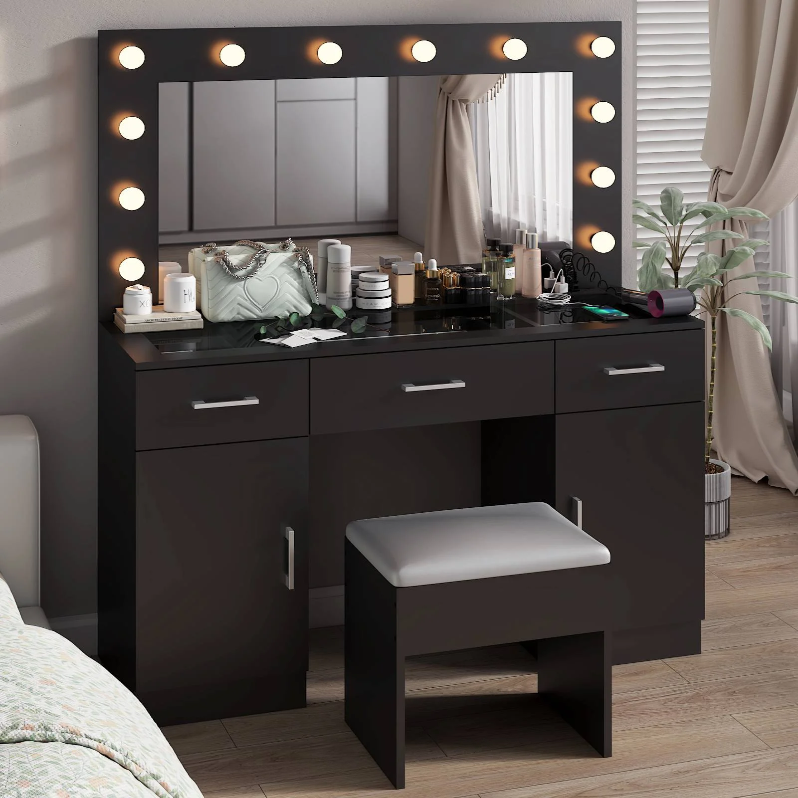 Ktaxon Large Makeup Vanity, Vanity Table Set w/ Visible Glass Top w/ Charging Station, White - Image 50