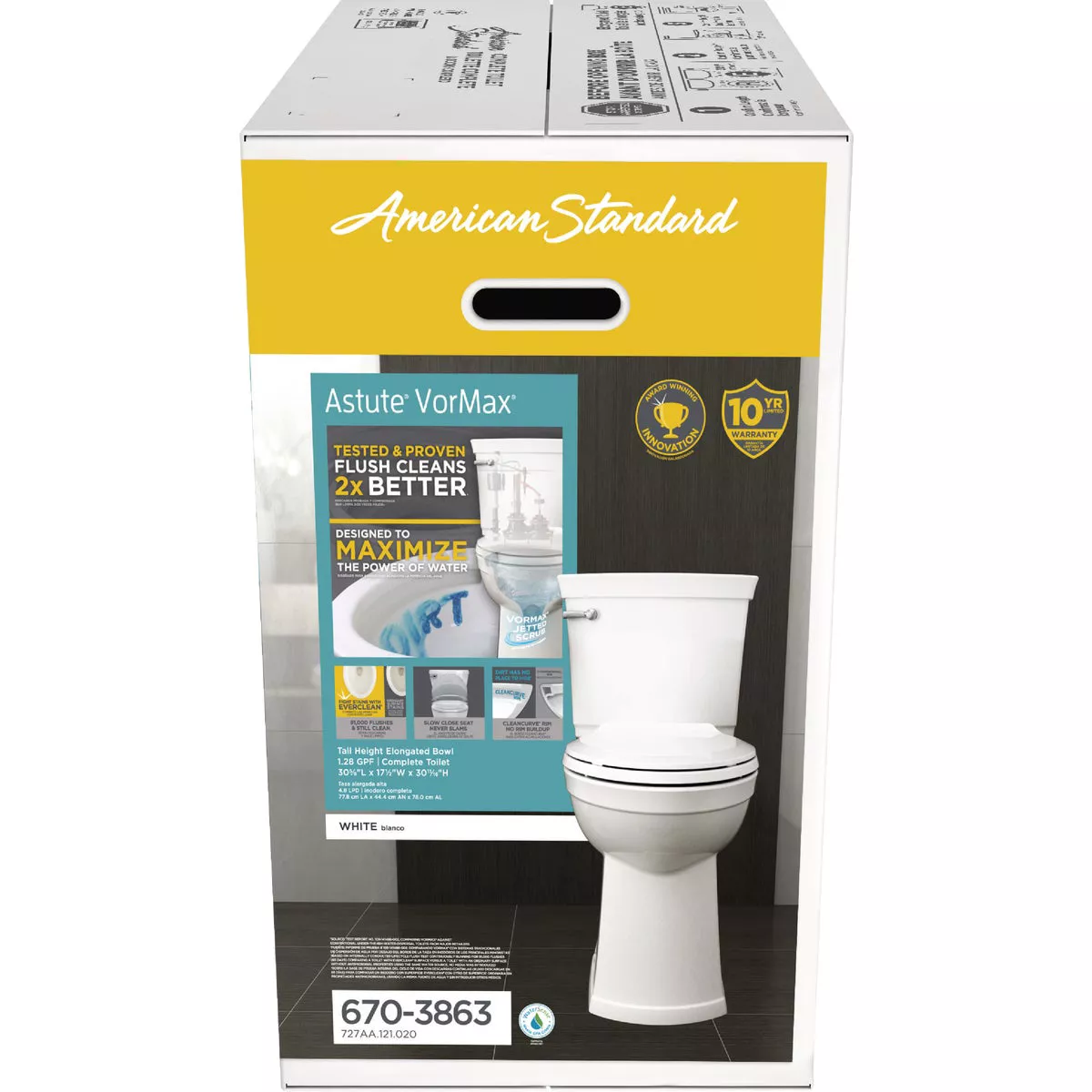 American Standard Astute VorMax Right Height White Elongated Bowl 1.28 GPF Complete Toilet