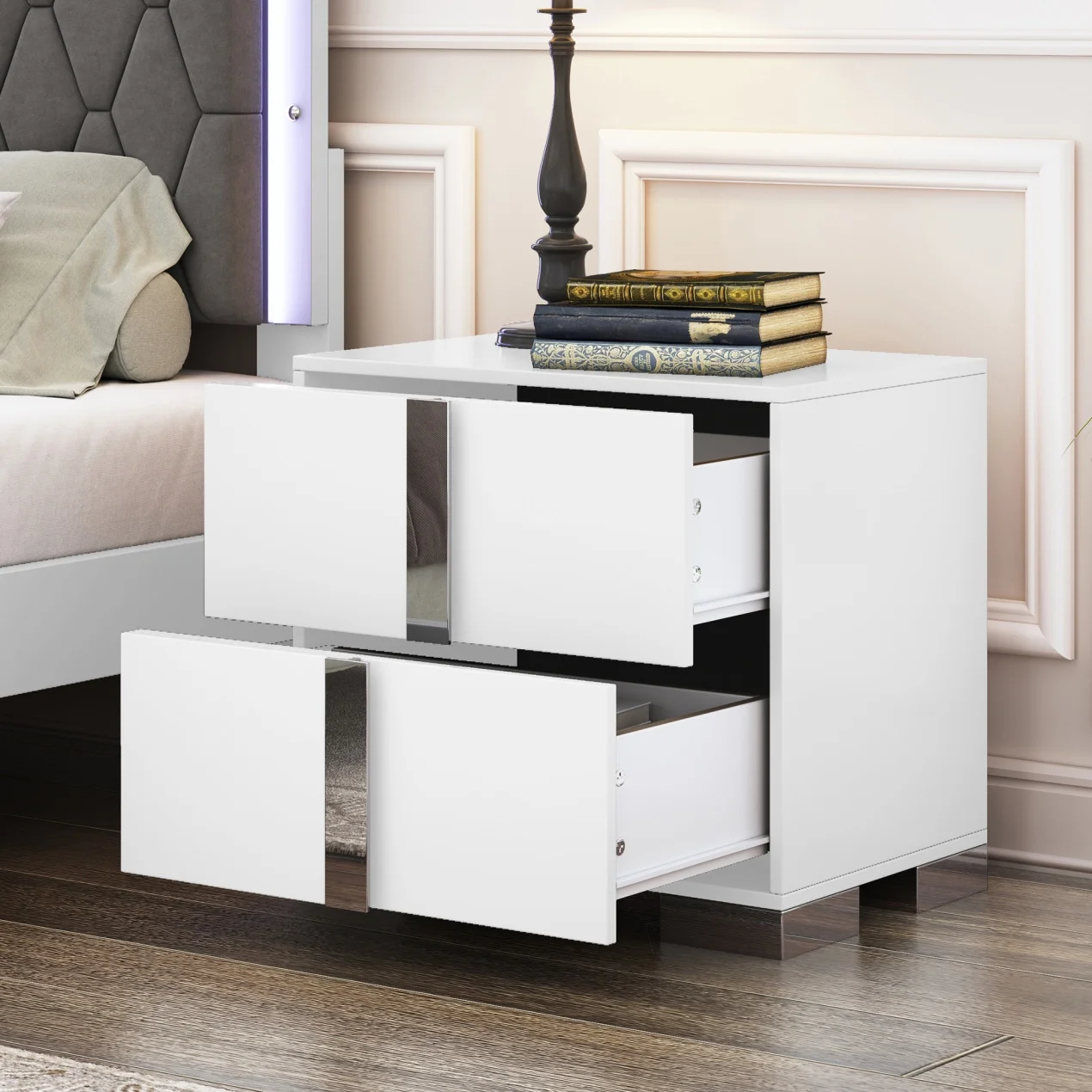 Elegant Nightstand with Metal Handle, Mirrored Bedside Table with 2 Drawers for Bedroom, Living Room, End Sofa Side Table for Living Room, Office, White - Image 4
