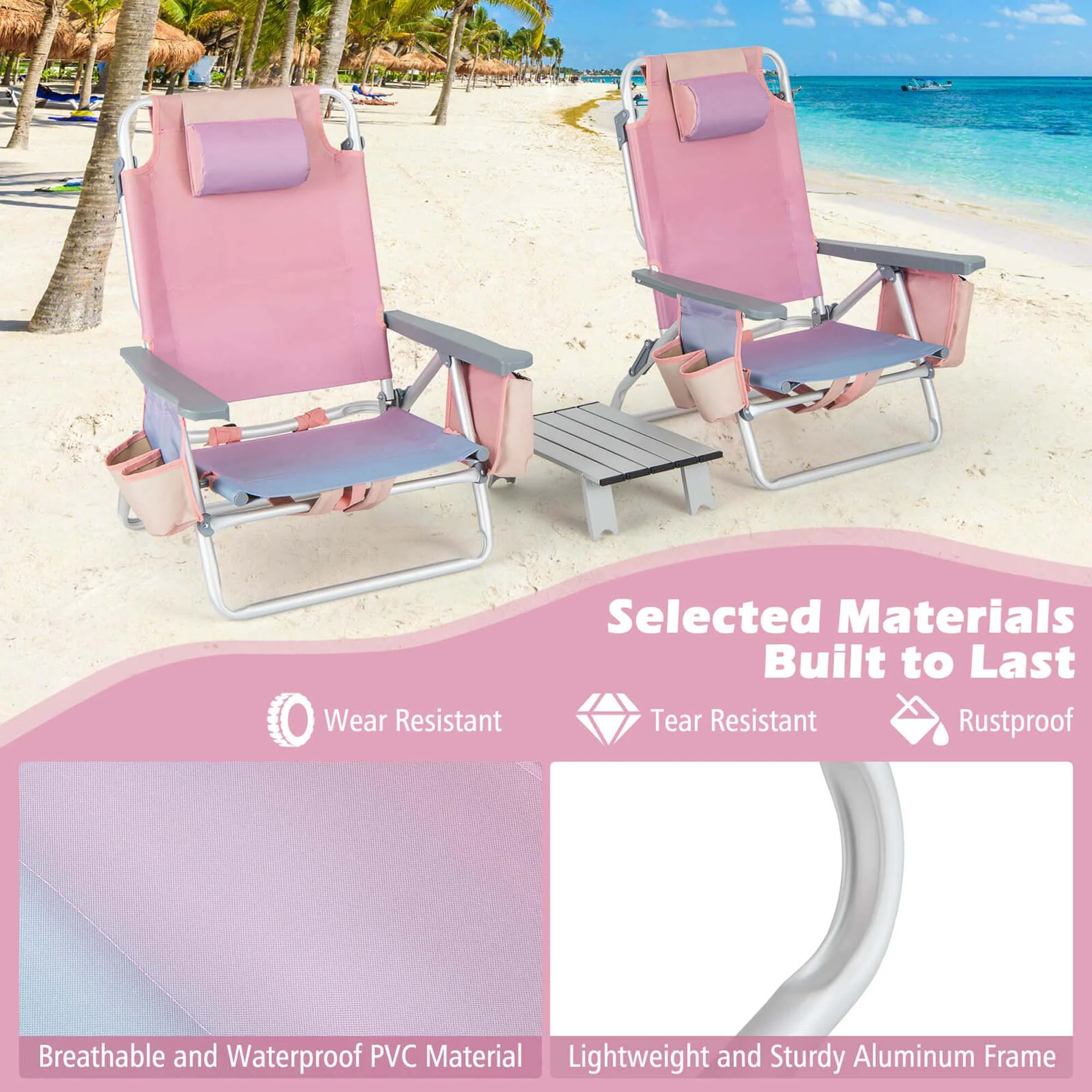 Costway 2-Pack Folding Backpack Beach Chair Table Set 5-Position Outdoor Reclining Chair Pink - Image 12
