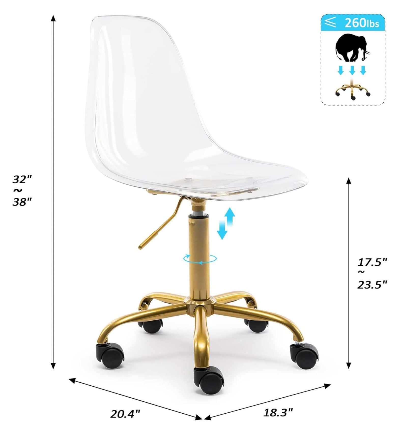 saney Clear Rolling Chair, Armless Desk Chair with Golden Feet Swivel Molded Plastic Shell Adjustable Home Office Chair with Wheels, Clear