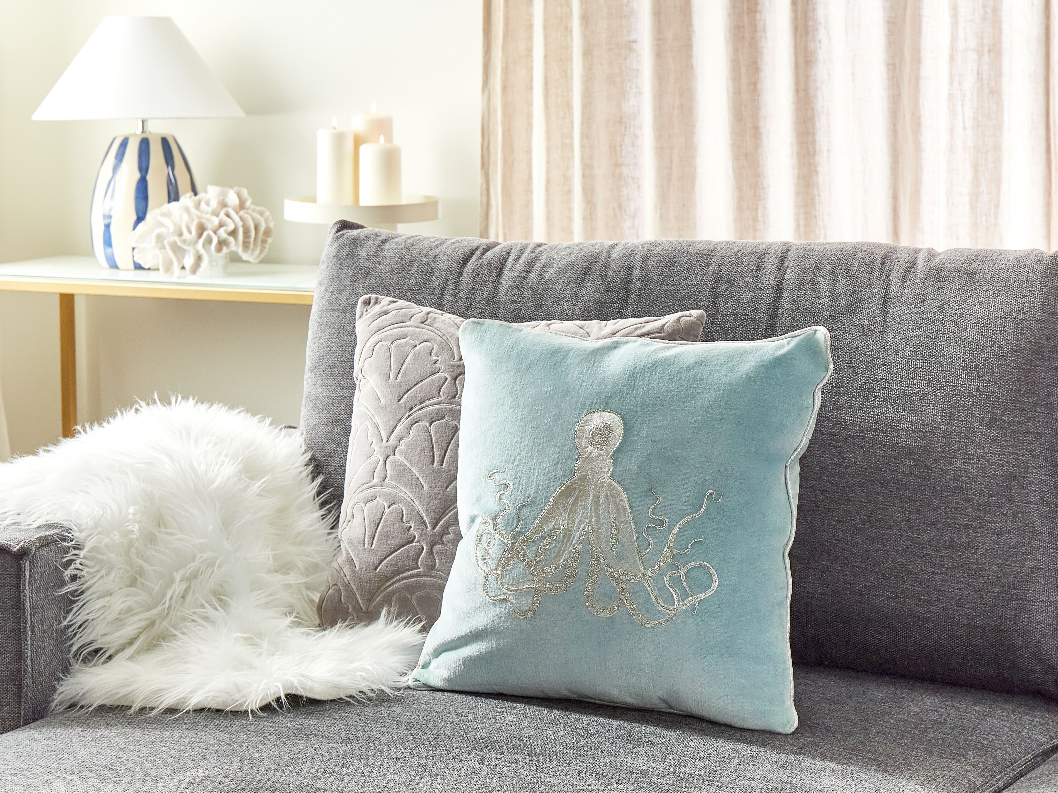 Throw Cushion LAMINARIA Velvet 45 x 45 cm Light Blue Animal Pattern