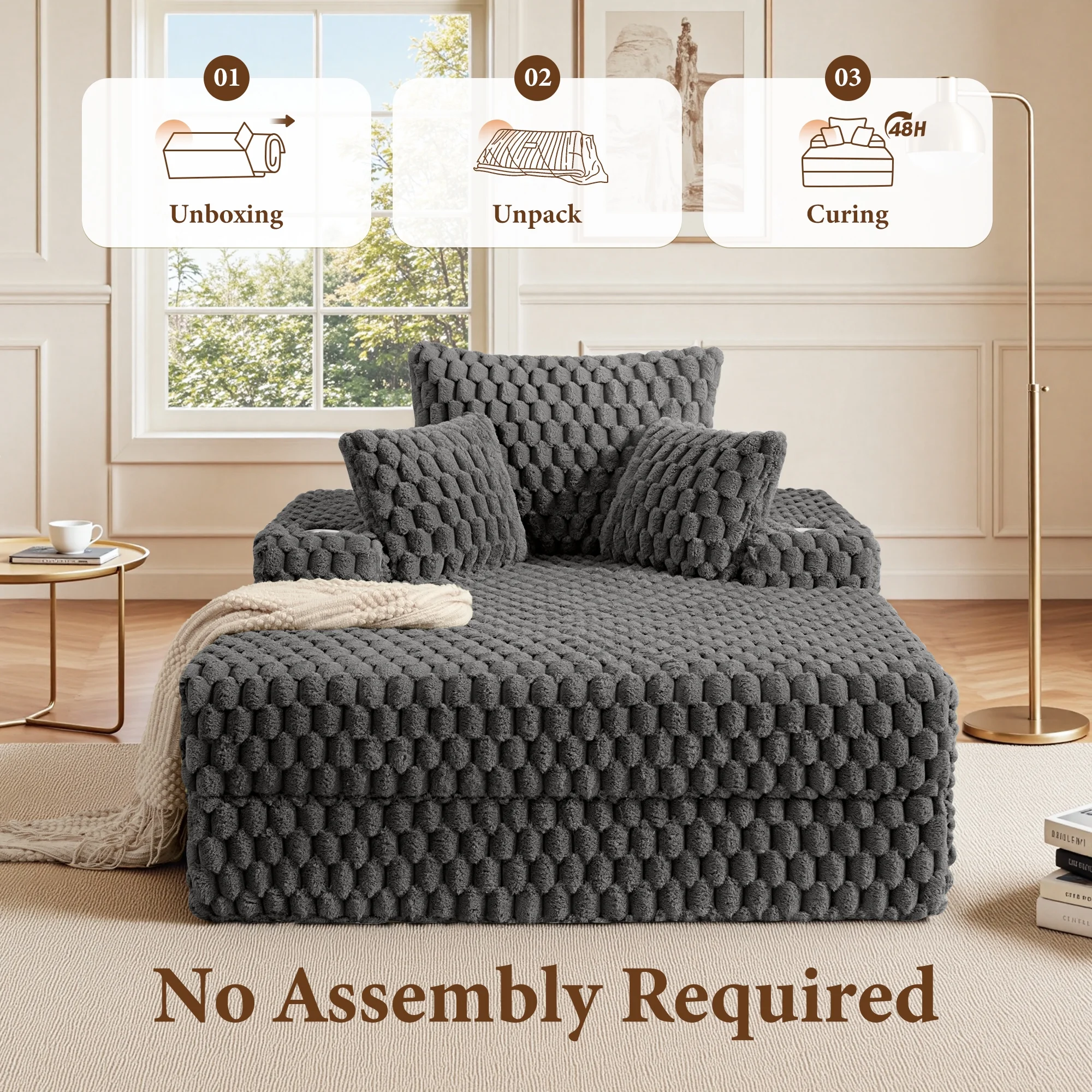 ATHOPE 53"W Oversized Chaise Lounge Chair Indoor, Corduroy Couch Chair with Pillows, Comfy Reading Chairs with Wide Arms, Upholstered Sleeper Sofa for Living Room, No Assembly Required, Gray - Image 44