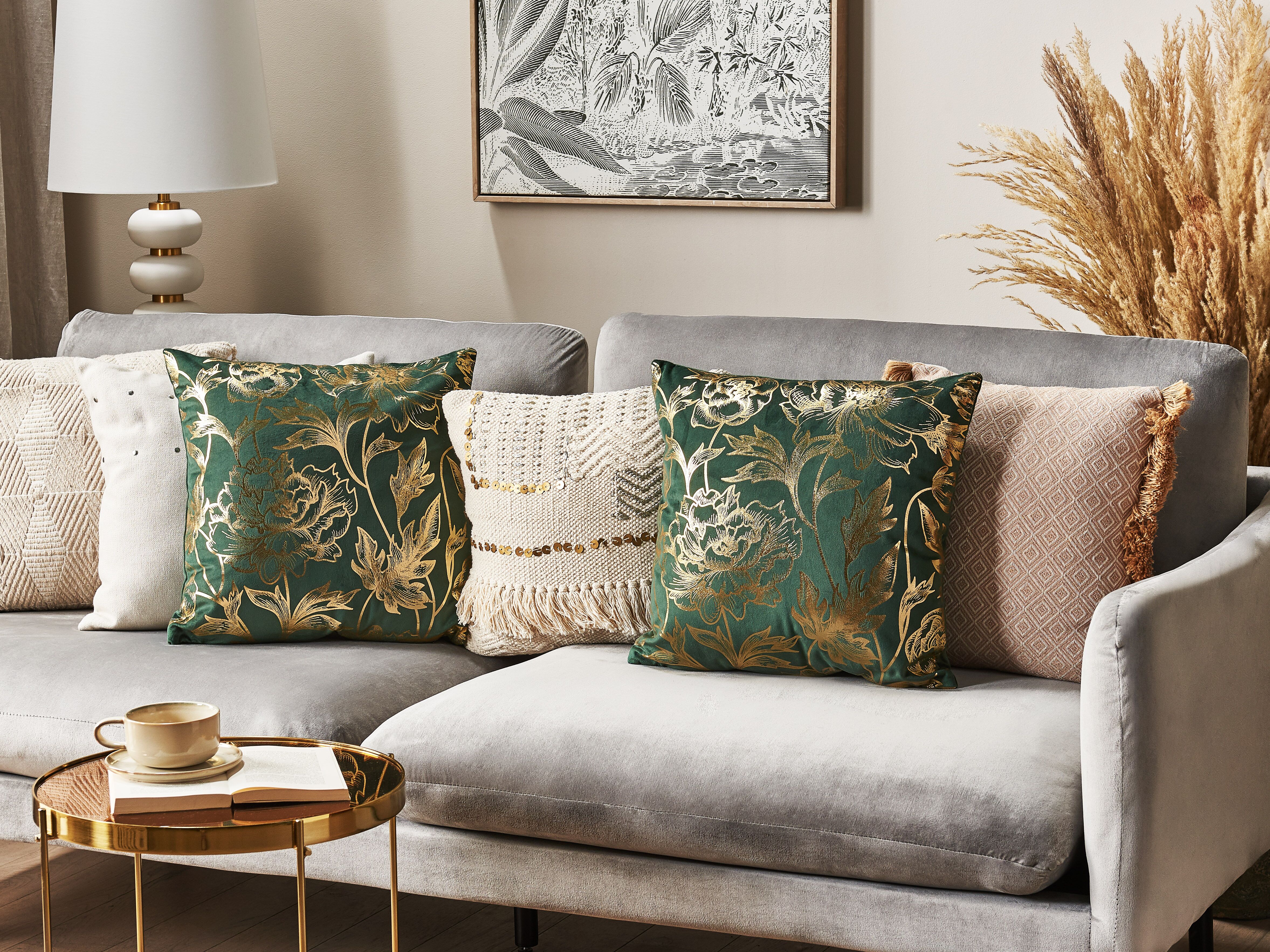 Set of 2 Decorative Cushions DAFFODIL Velvet 45 x 45 cm Emerald Green Floral Pattern