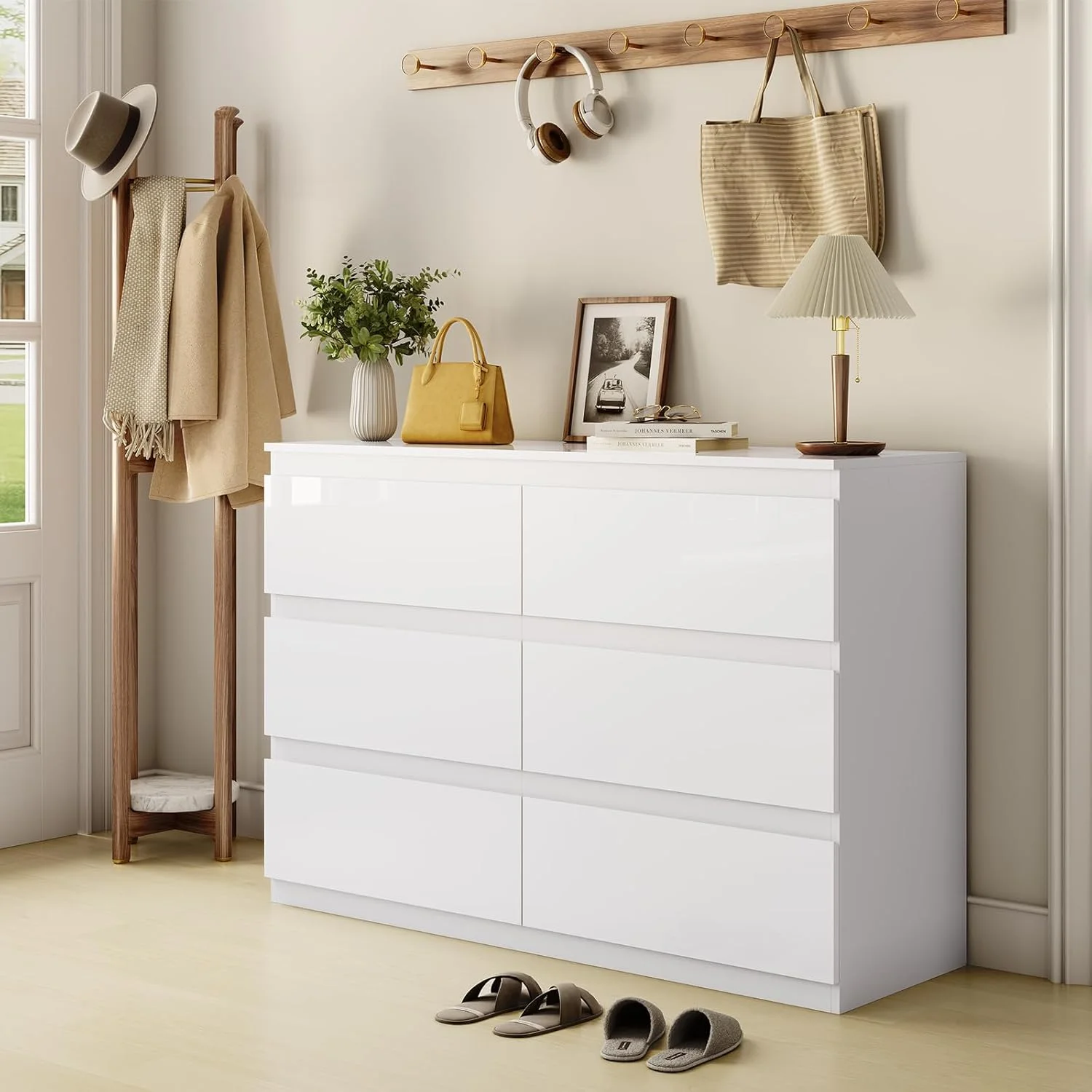 Selooye White Wood Dresser, 6 Drawer Dresser for Clothes Storage,Bedroom, Modern White Dresser with Wide Drawers, Wide Wooden Chest Drawers for Living Room, Entryway, TV Stand - Image 7