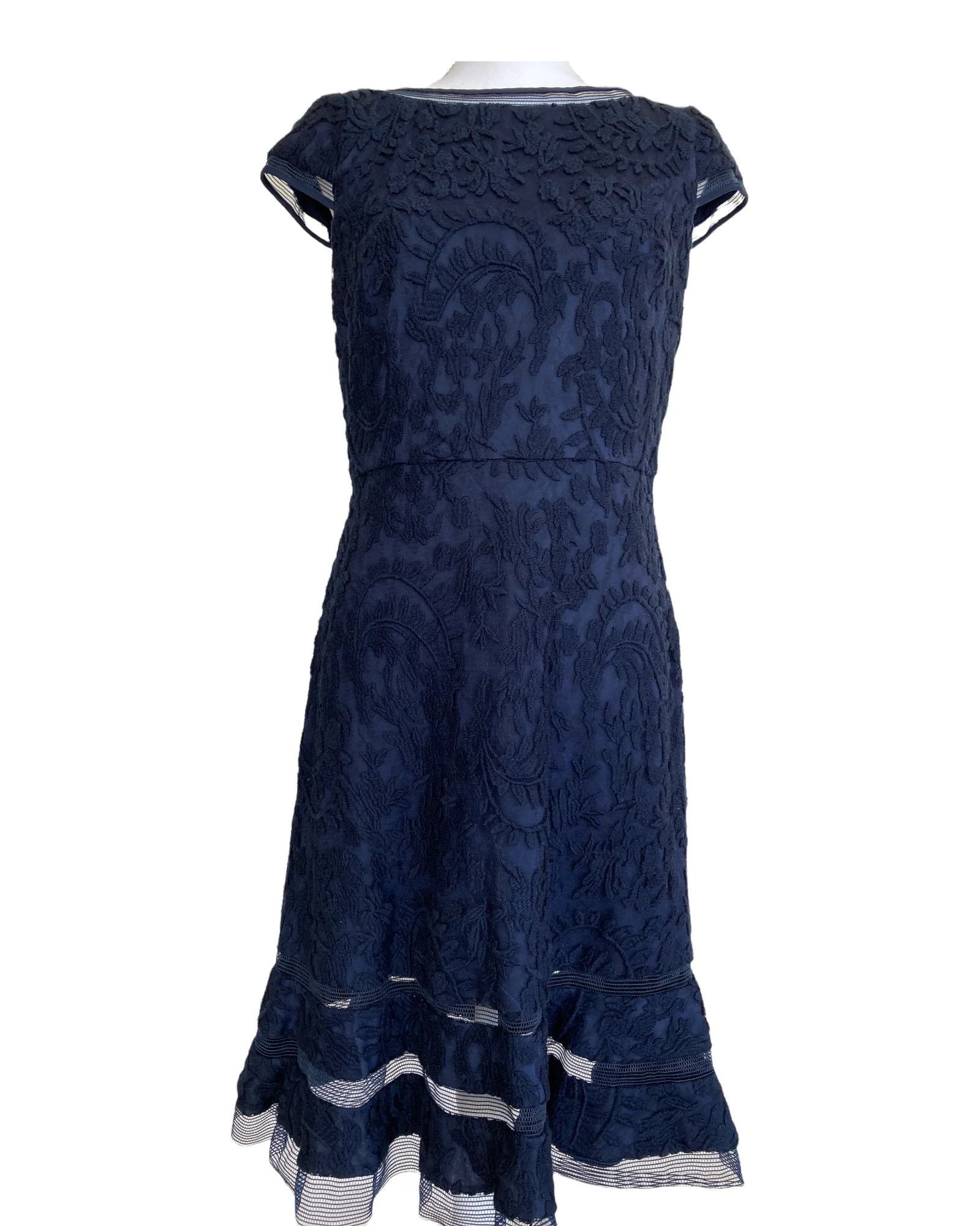 Adrianna Papell Navy Blue Cap Sleeve Lace Dress, 6