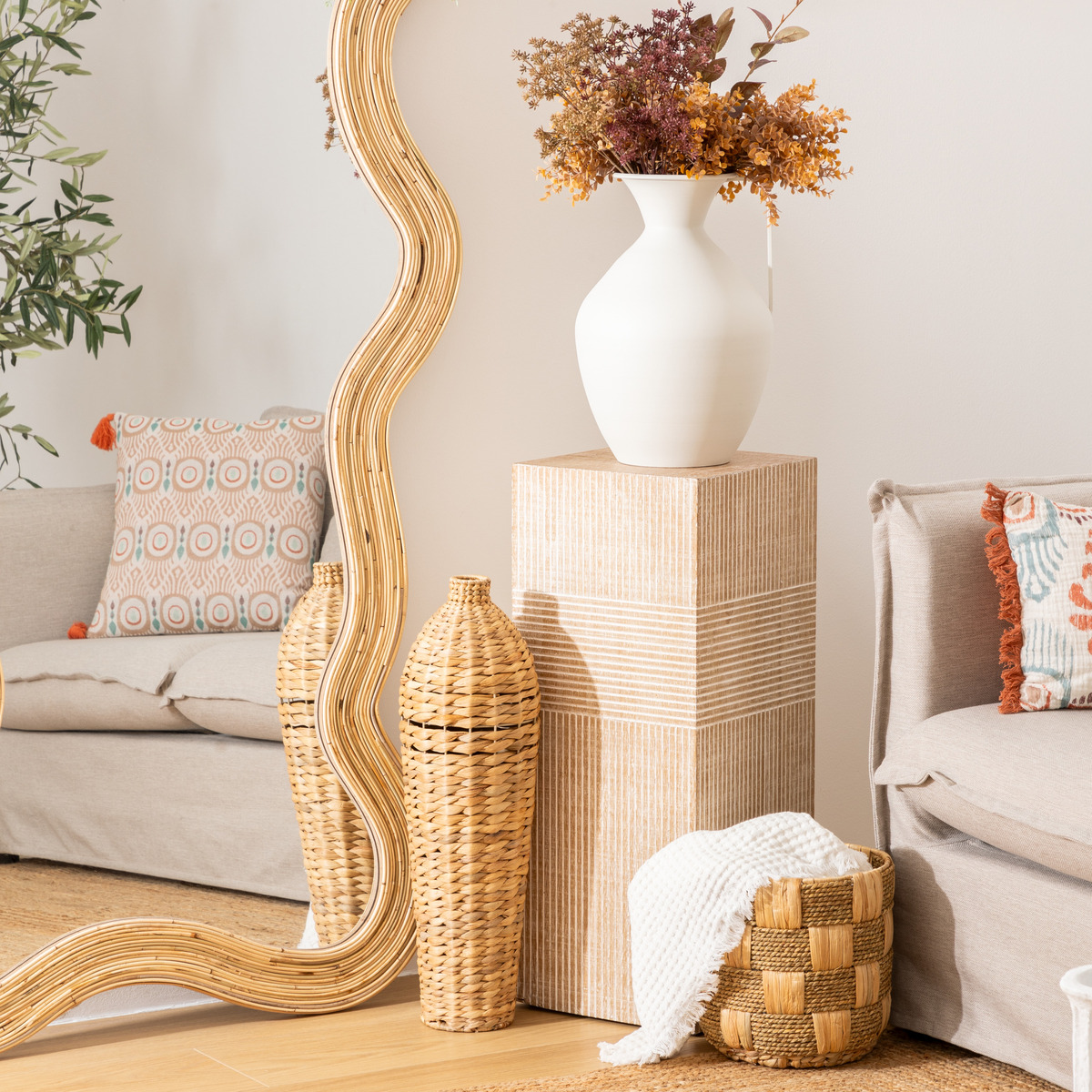 Vase "Percy" Plant Fiber, Beige, H.58 cm