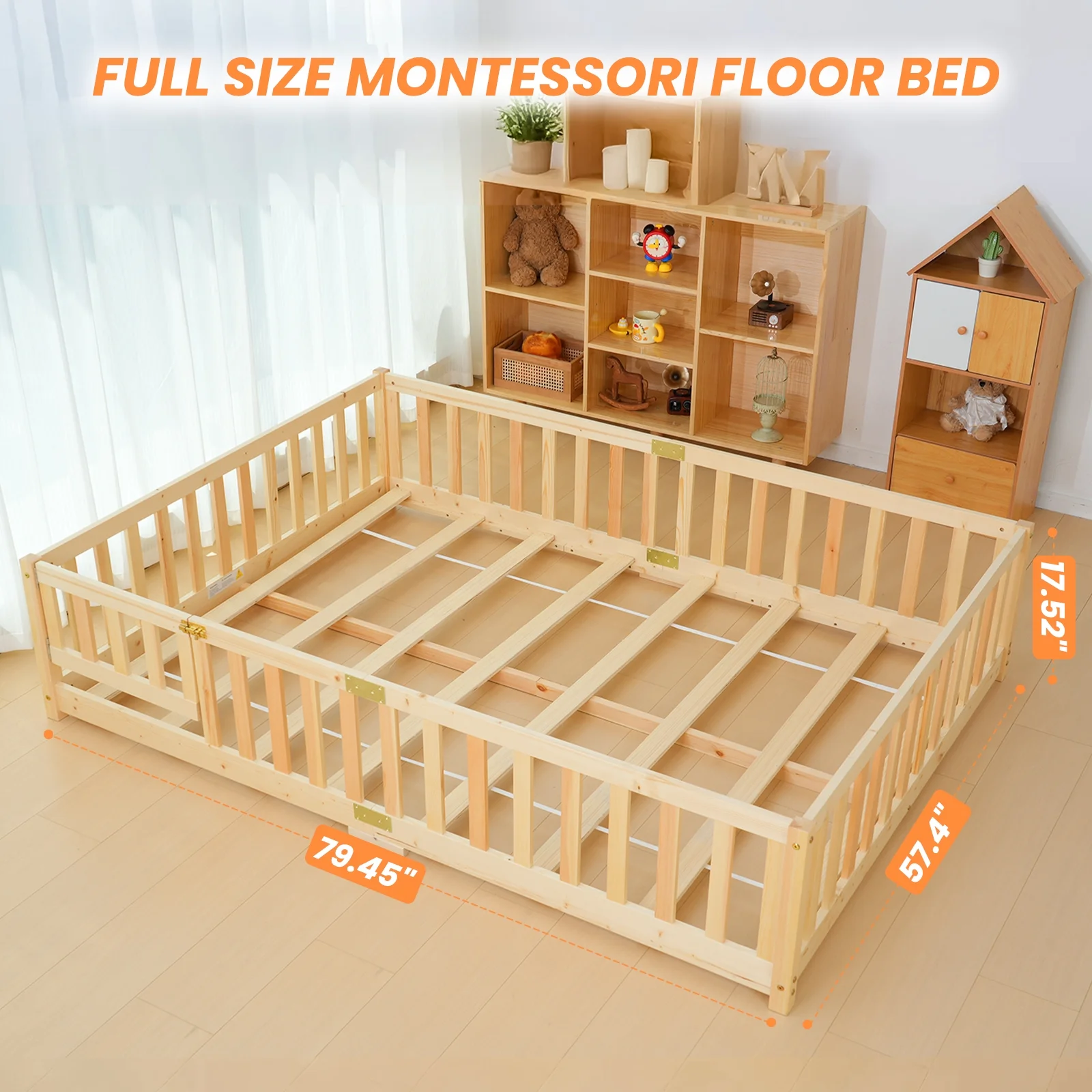 Slsy Twin Size Toddler Floor Bed, Solid Wood Montessori Bed Frame with Fence & Door Montessori Floor Bed Crib with Safety Guardrails for Girls and Boys - Image 23