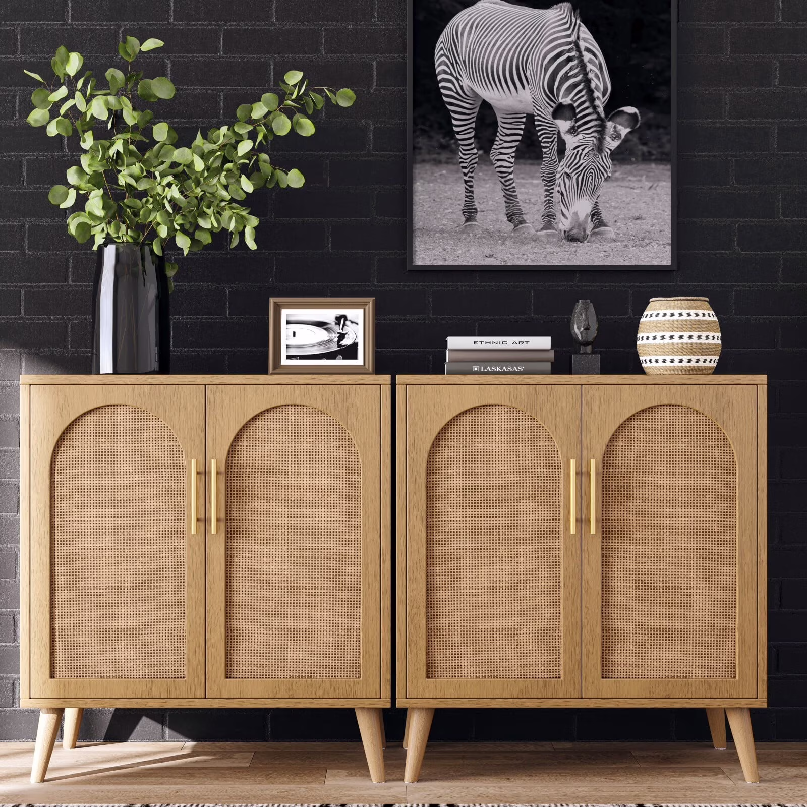 Rovaurx Set of 2 Rattan Storage Cabinet with Doors, Accent Bathroom Floor Cabinet, Modern Sideboard Buffet Cabinet for Living Room, Entryway, Dining Room and Kitchen, Natural