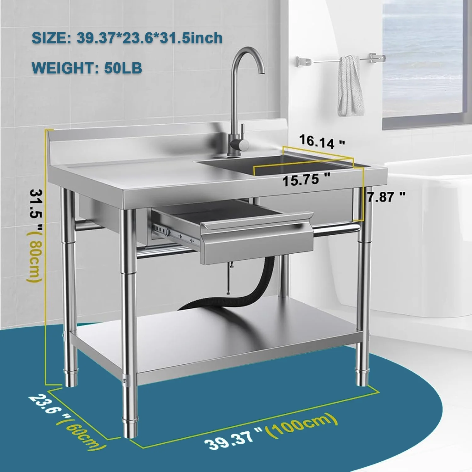 Stainless Steel Utility Sink Commercial Kitchen Sink 40'' Free Standing Tool Sink with Drawer & Cold and Hot Water Pipe for Kitchen Laundry Room Depot Indoor and Outdoor - Image 5