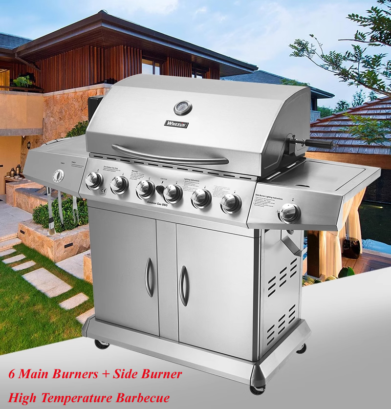 6 Burner Gas Grill Portable Foldable Trolley Stainless Steel Construction Modern Premium Design Electronic Ignition Adjustable