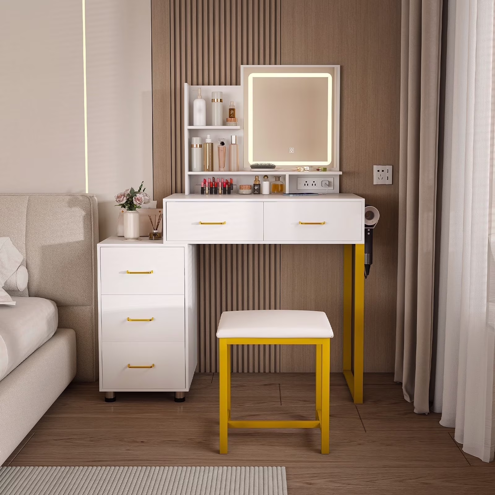 Montary Modern Mini Vanity w/Adjustable LED Mirror + Hidden Storage, Padded Stool & Dustproof Shelves (White) - Image 18
